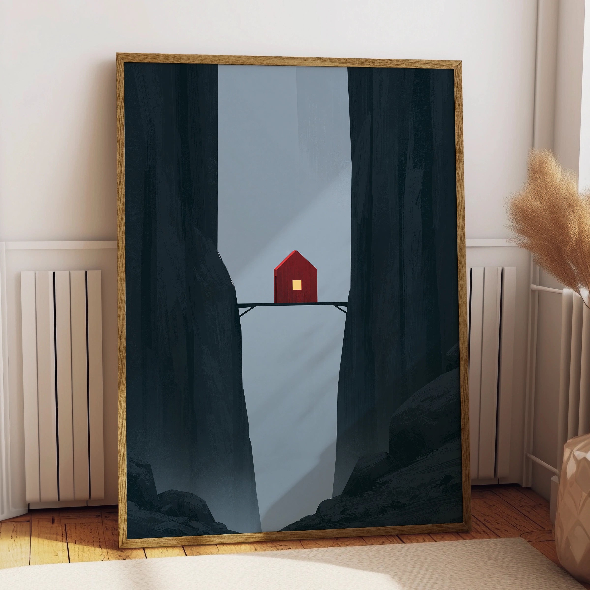 Red House on Bridge in Canyon, Minimalist Wall Art, Mountain Retreat, Digital Prints