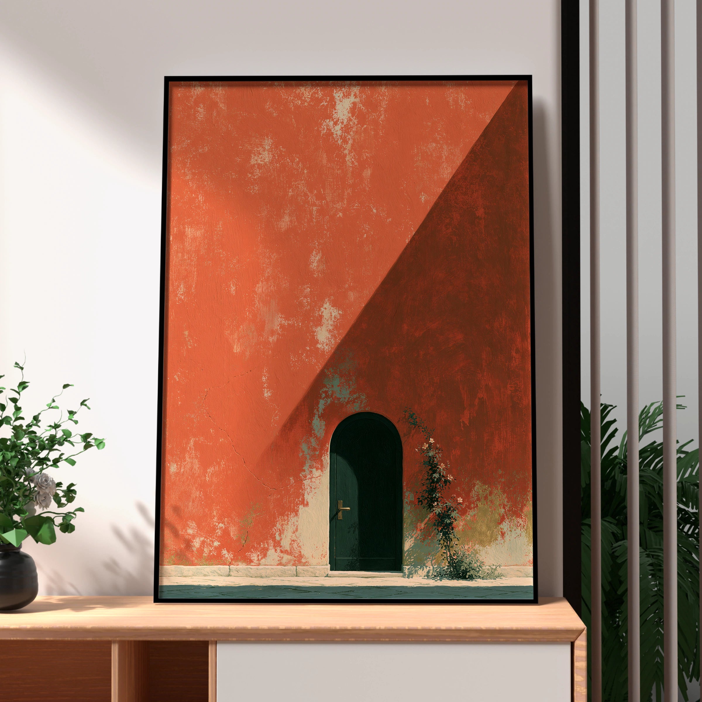Charming House Entrance, Printable Wall Art, Rustic Home Decor, Minimalist Style, Orange Wall, Floral Accent