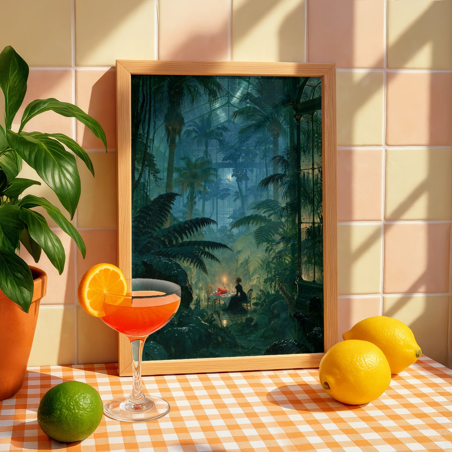 Jungle Dinner Scene, Woman Dining Alone, Mystical Greenery Print, Vegan Art Decor, Botanical Wall Art