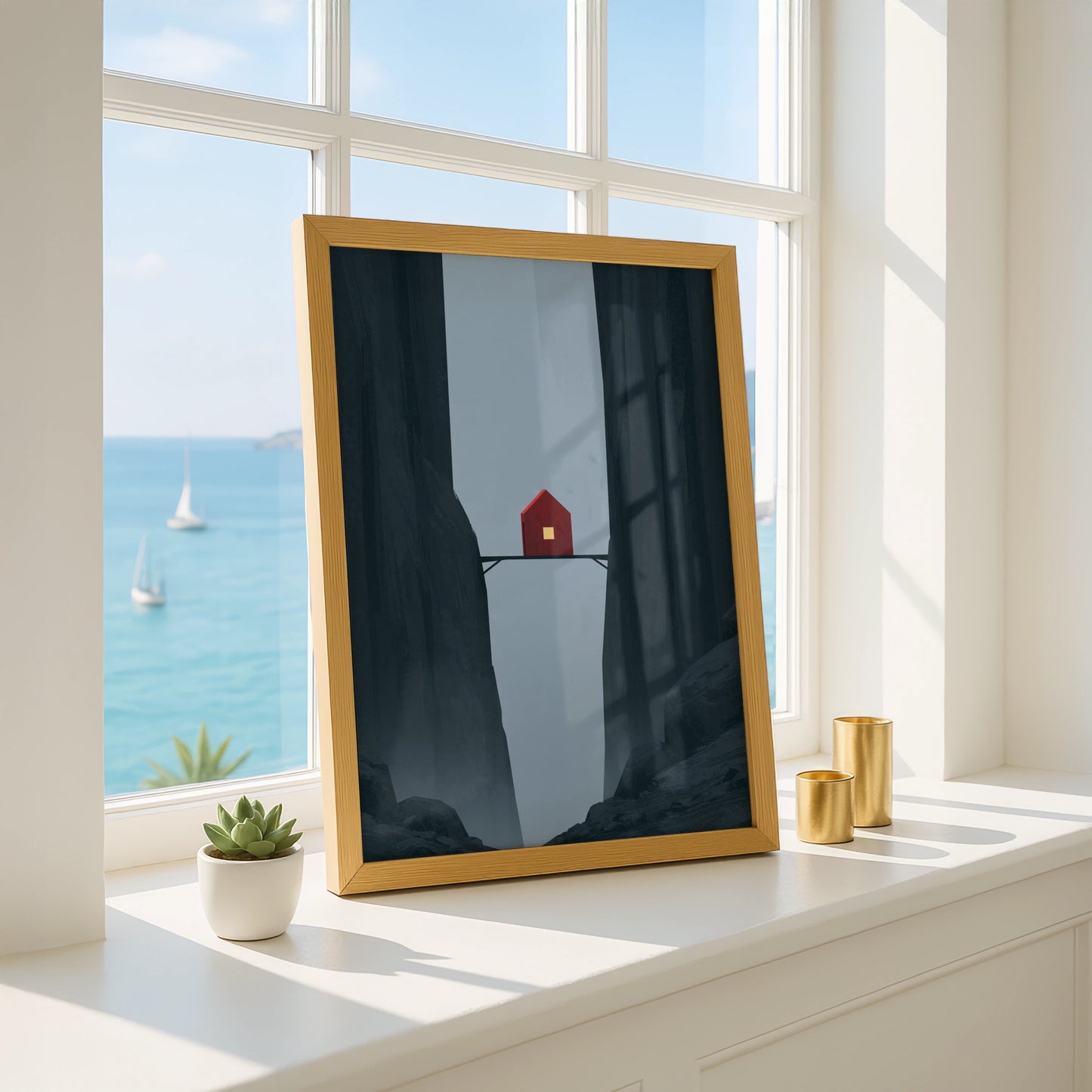 Red House on Bridge in Canyon, Minimalist Wall Art, Mountain Retreat, Digital Prints