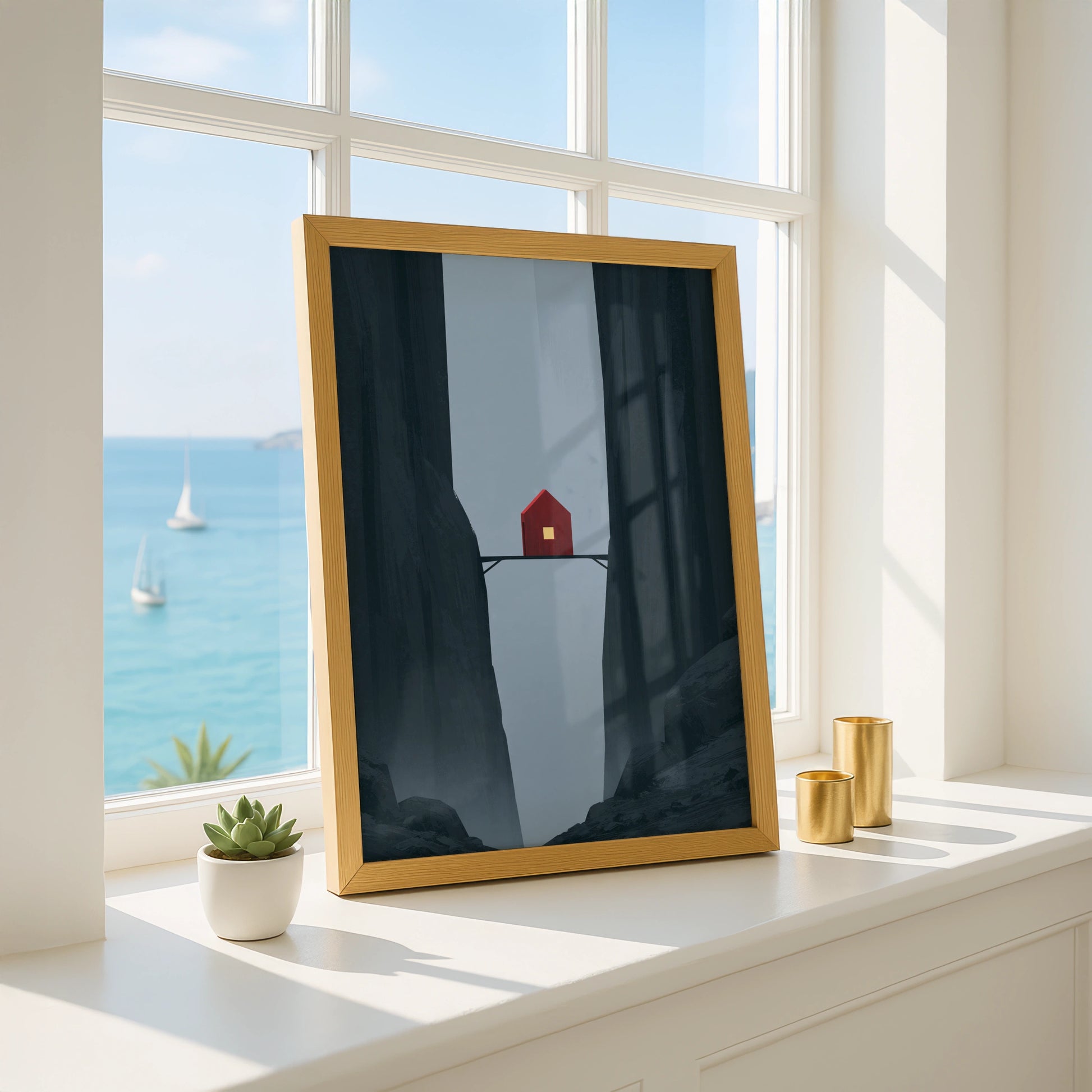 Red House on Bridge in Canyon, Minimalist Wall Art, Mountain Retreat, Digital Prints