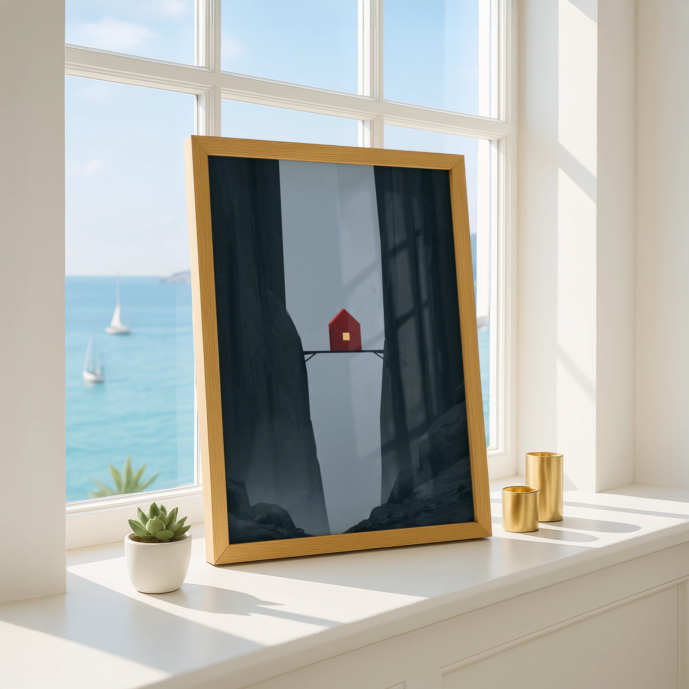 Red House on Bridge in Canyon, Minimalist Wall Art, Mountain Retreat, Digital Prints