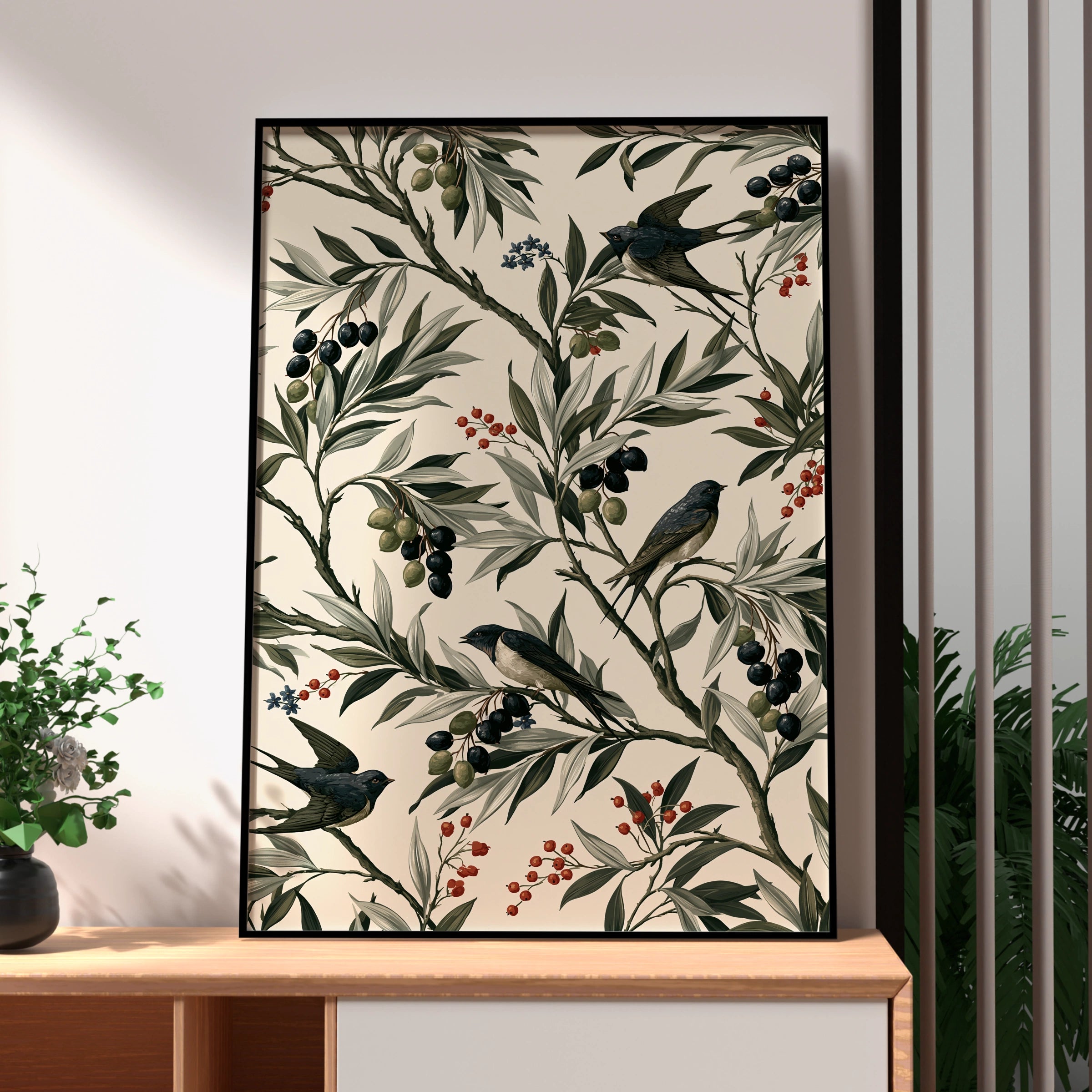 Olive Motif Wall Art, Bird Print Poster, Botanical Illustration, Vintage Style Decor