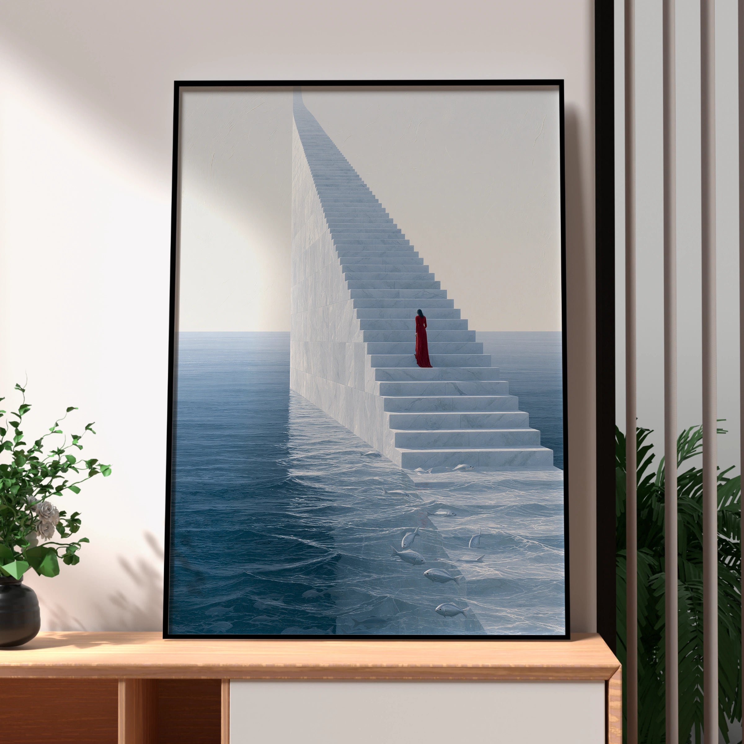 Stairway to Heaven, Surreal Art Print, Minimalist Poster, Ocean Landscape, Dreamy Home Decor