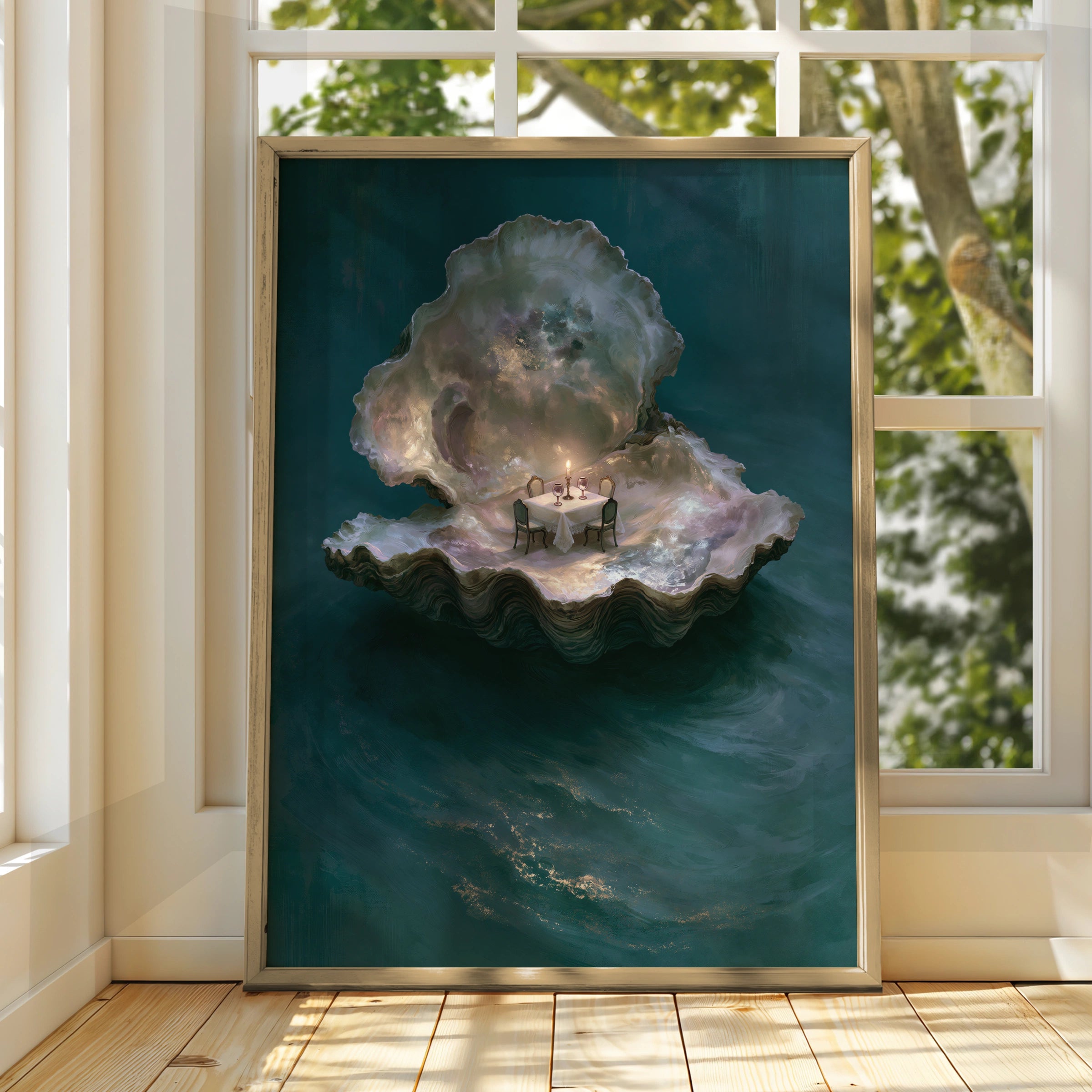 Oyster Dinner Table Art Print, Unique Underwater Dining Scene, Ethereal and Whimsical Style