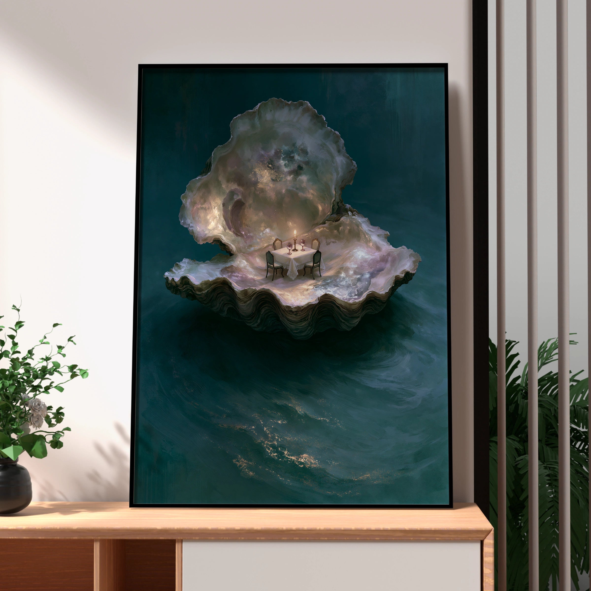 Oyster Dinner Table Art Print, Unique Underwater Dining Scene, Ethereal and Whimsical Style