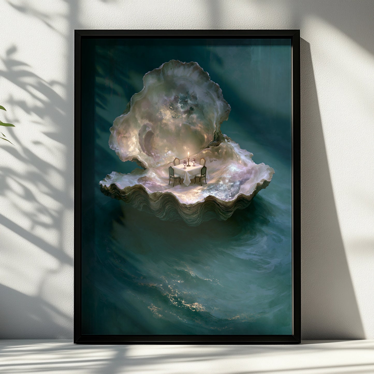 Oyster Dinner Table Art Print, Unique Underwater Dining Scene, Ethereal and Whimsical Style