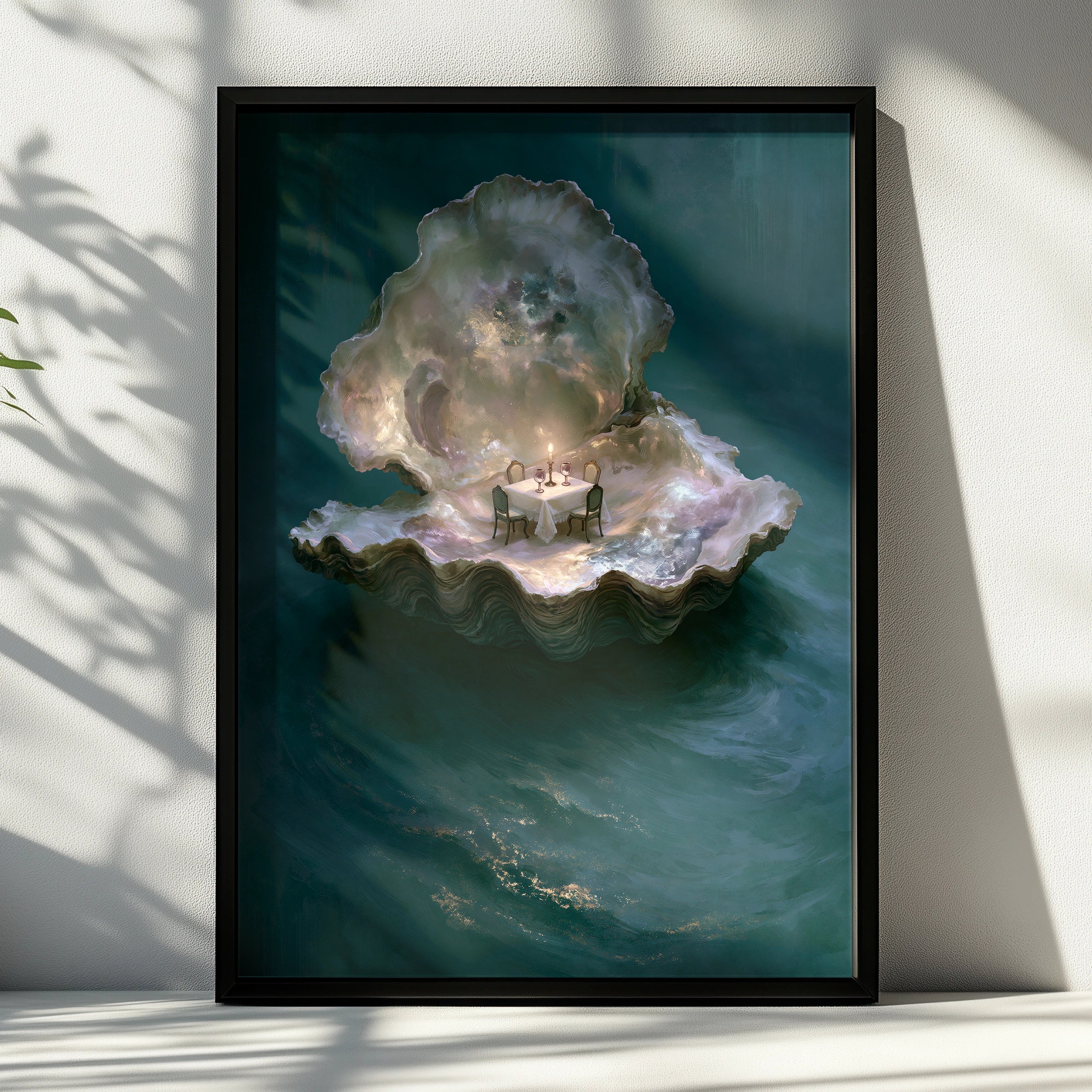 Oyster Dinner Table Art Print, Unique Underwater Dining Scene, Ethereal and Whimsical Style