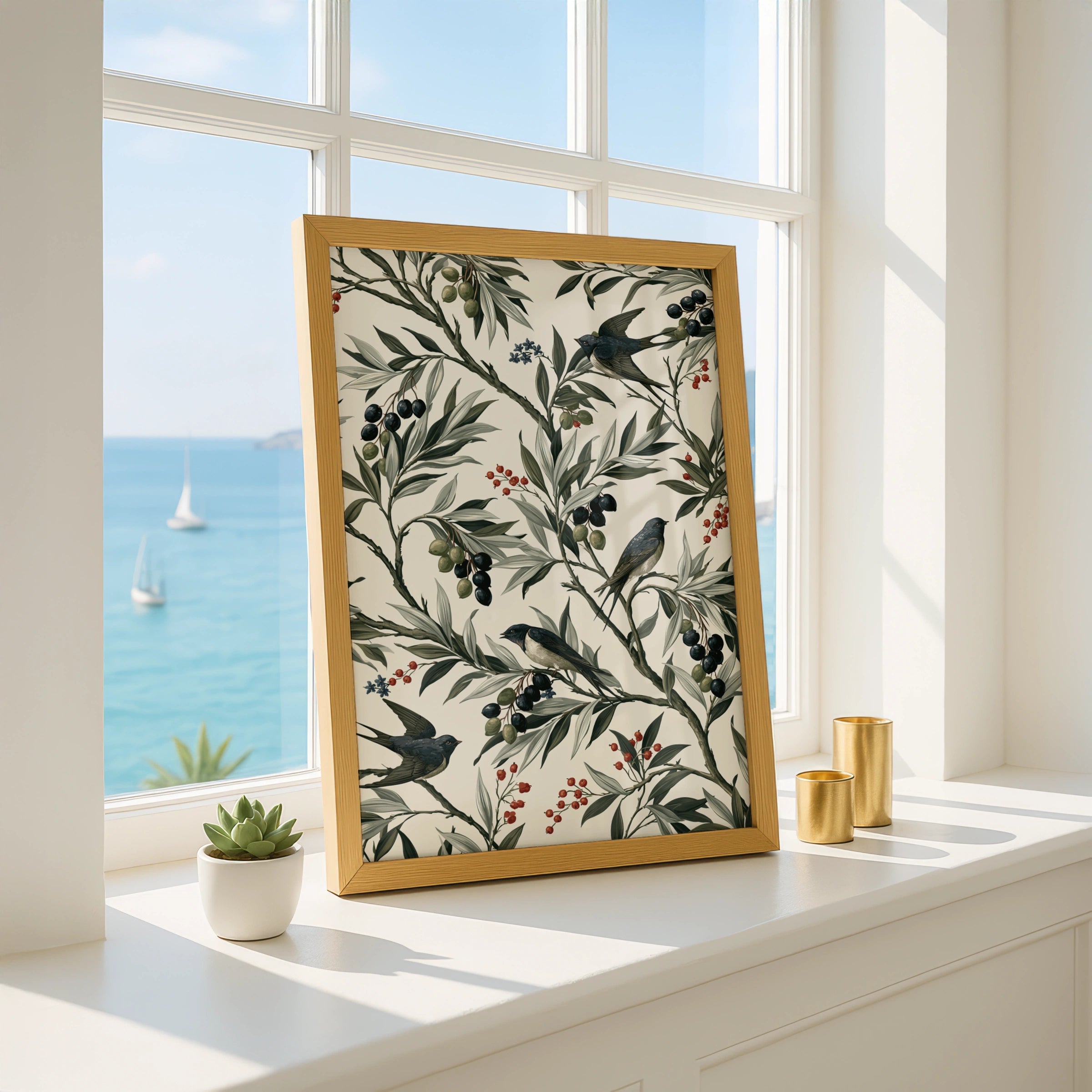 Olive Motif Wall Art, Bird Print Poster, Botanical Illustration, Vintage Style Decor