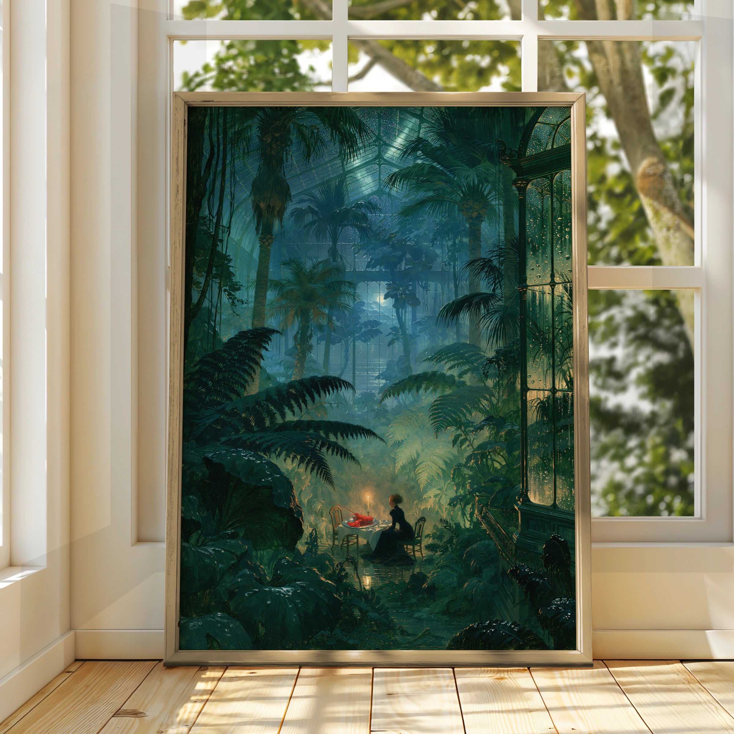 Jungle Dinner Scene, Woman Dining Alone, Mystical Greenery Print, Vegan Art Decor, Botanical Wall Art