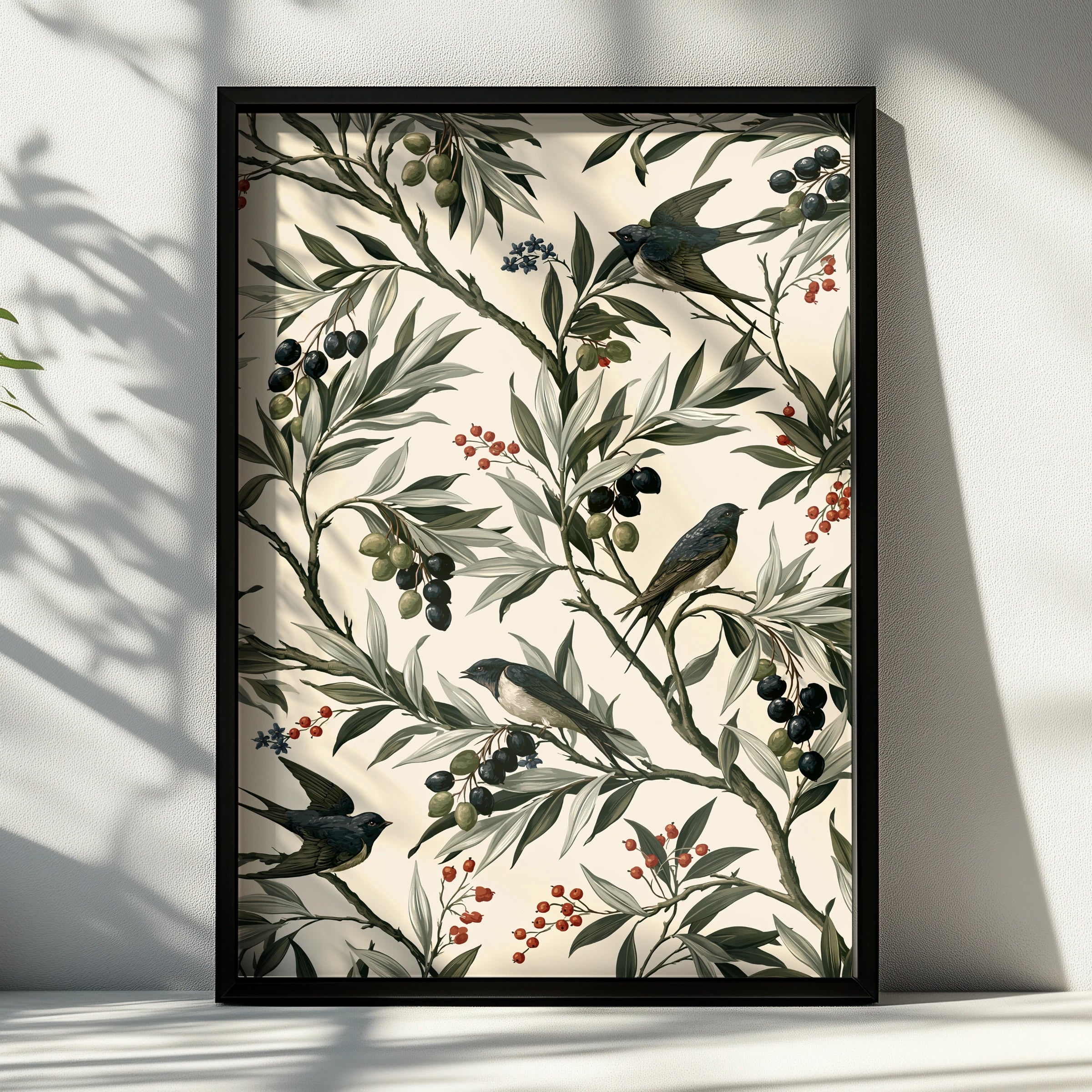 Olive Motif Wall Art, Bird Print Poster, Botanical Illustration, Vintage Style Decor