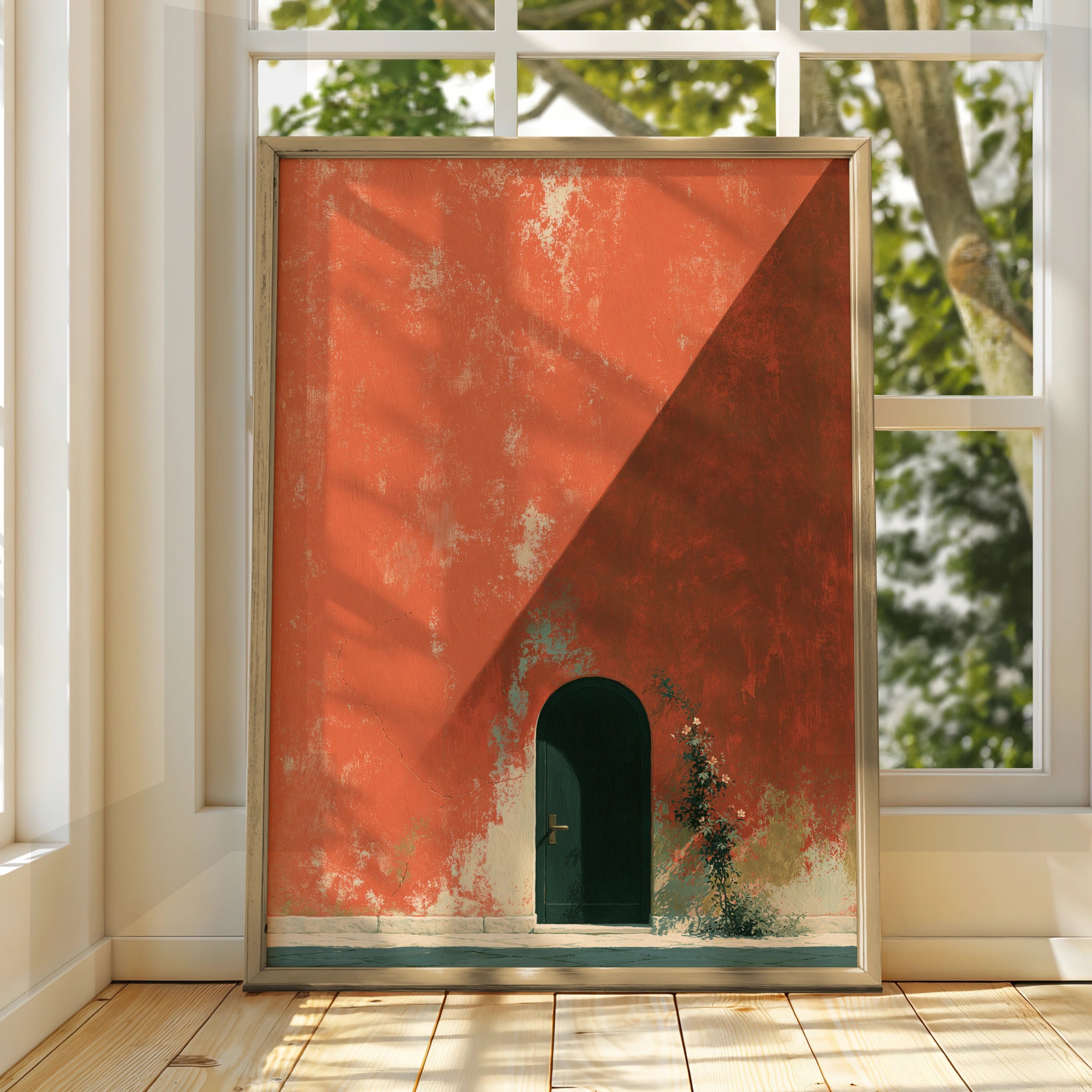 Charming House Entrance, Printable Wall Art, Rustic Home Decor, Minimalist Style, Orange Wall, Floral Accent