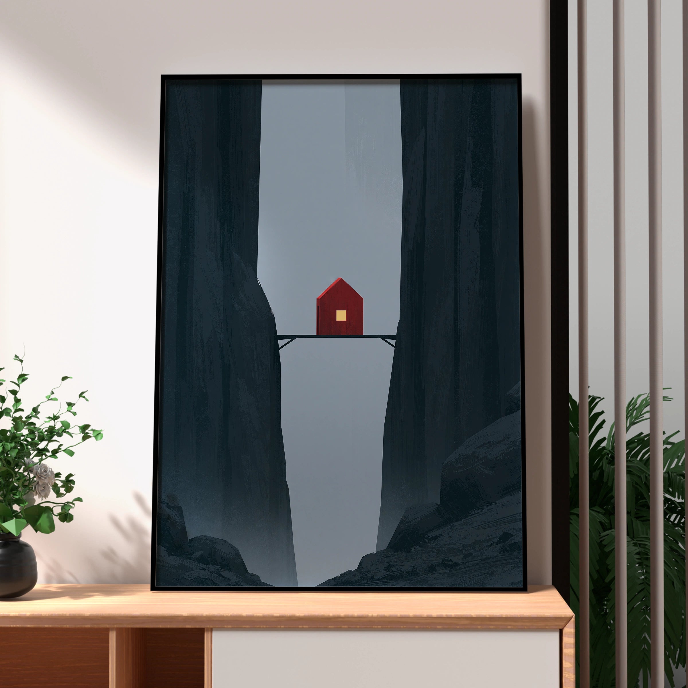 Red House on Bridge in Canyon, Minimalist Wall Art, Mountain Retreat, Digital Prints