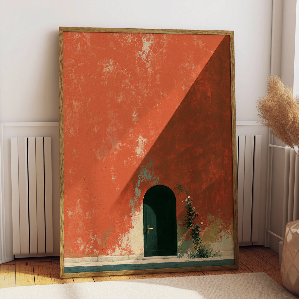 Charming House Entrance, Printable Wall Art, Rustic Home Decor, Minimalist Style, Orange Wall, Floral Accent