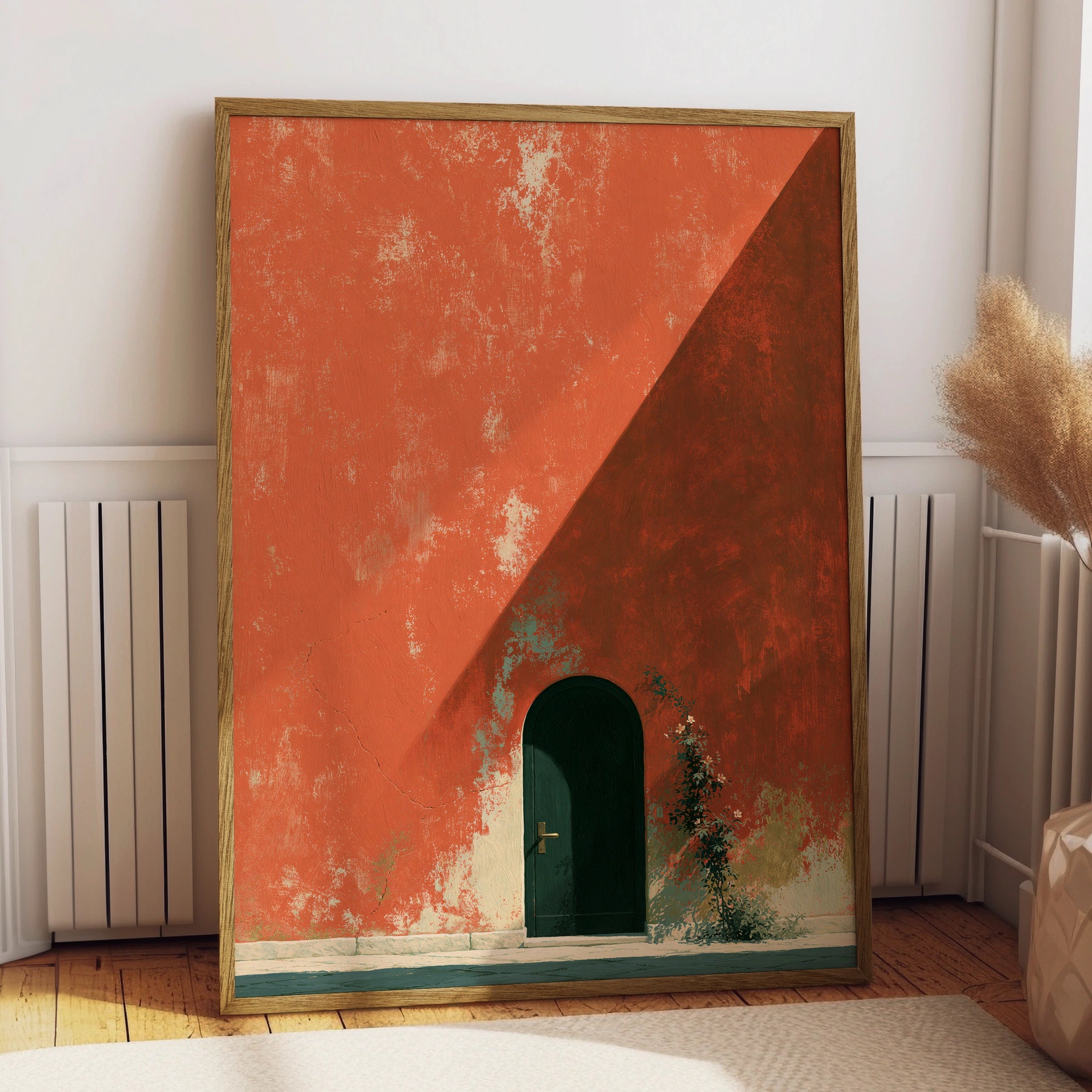Charming House Entrance, Printable Wall Art, Rustic Home Decor, Minimalist Style, Orange Wall, Floral Accent