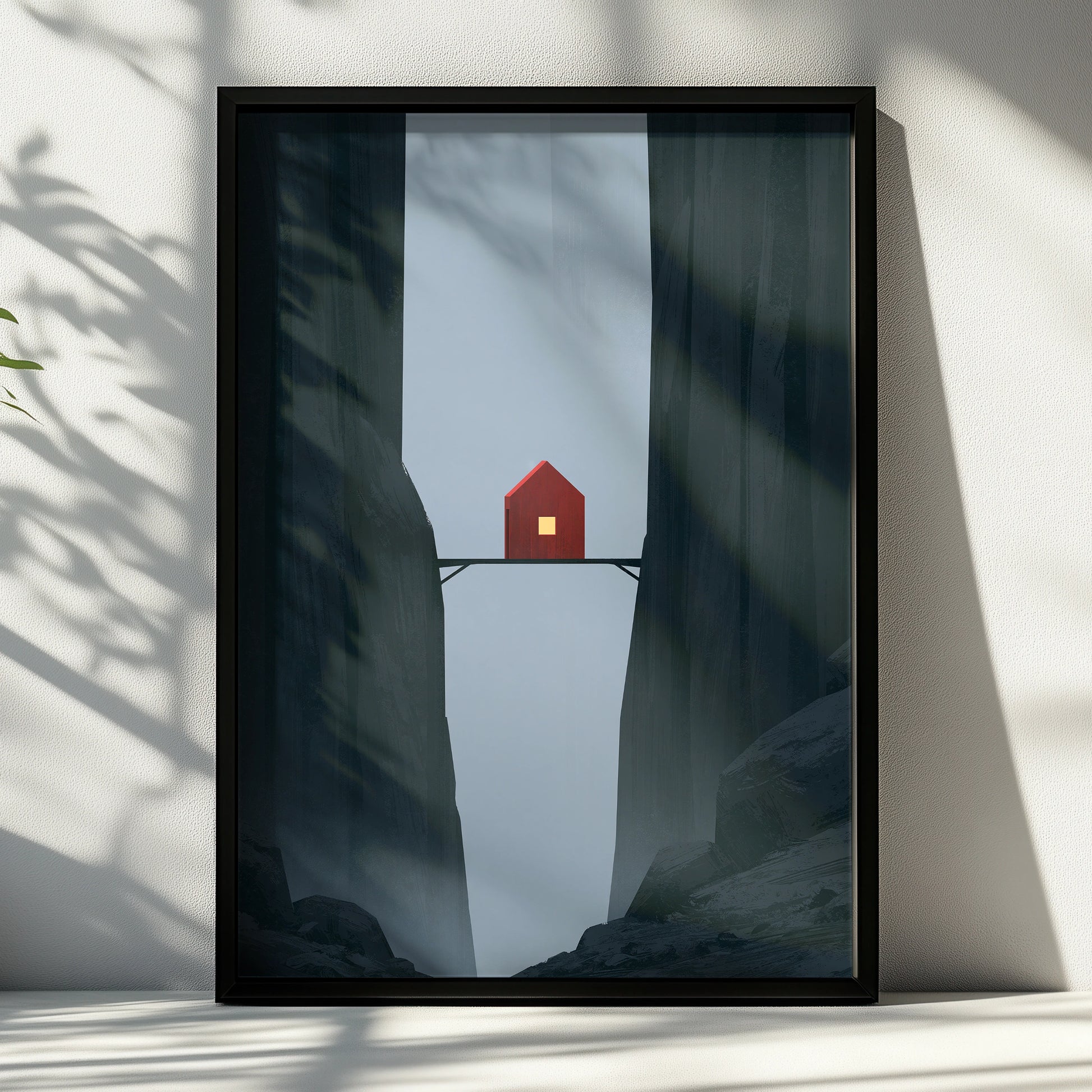Red House on Bridge in Canyon, Minimalist Wall Art, Mountain Retreat, Digital Prints