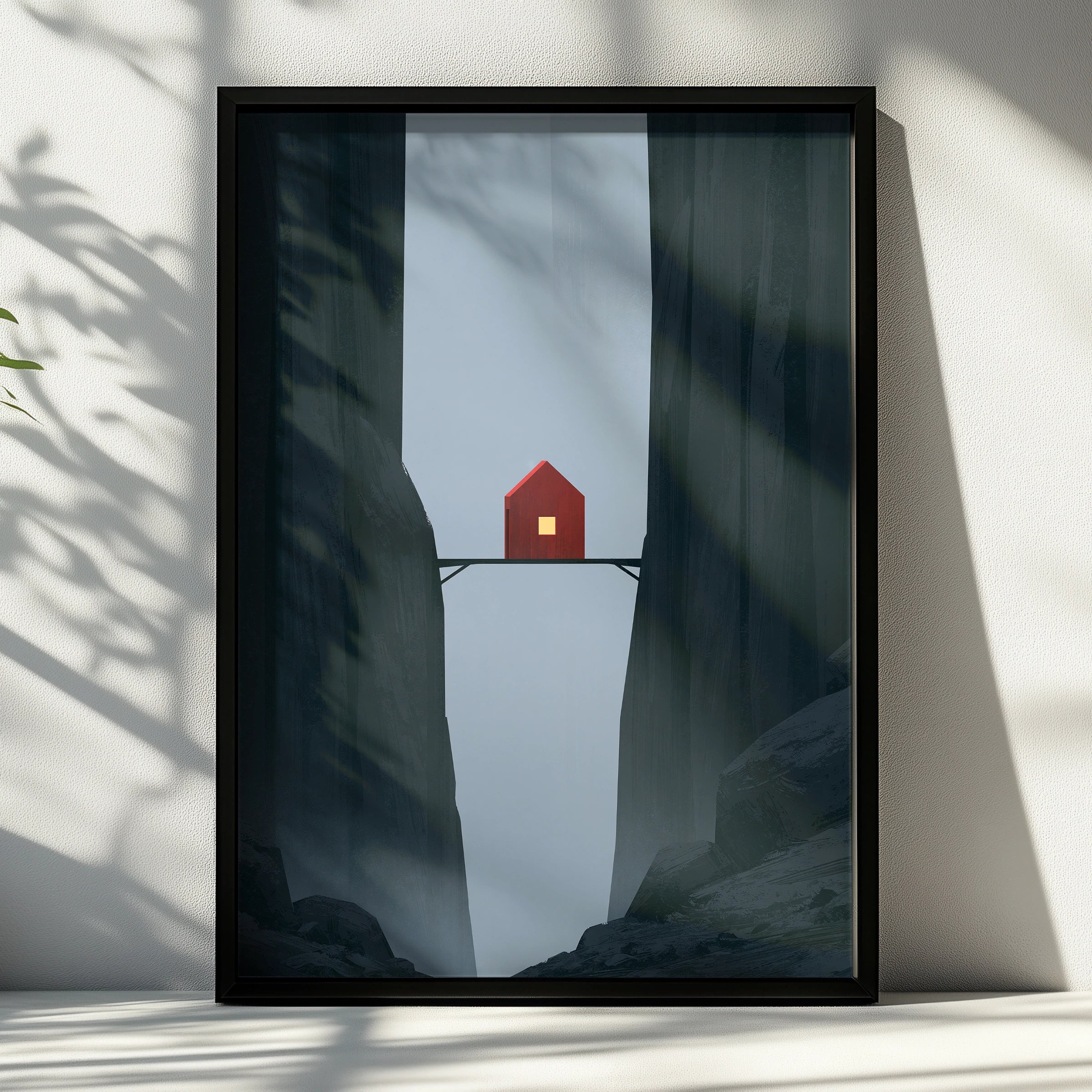 Red House on Bridge in Canyon, Minimalist Wall Art, Mountain Retreat, Digital Prints