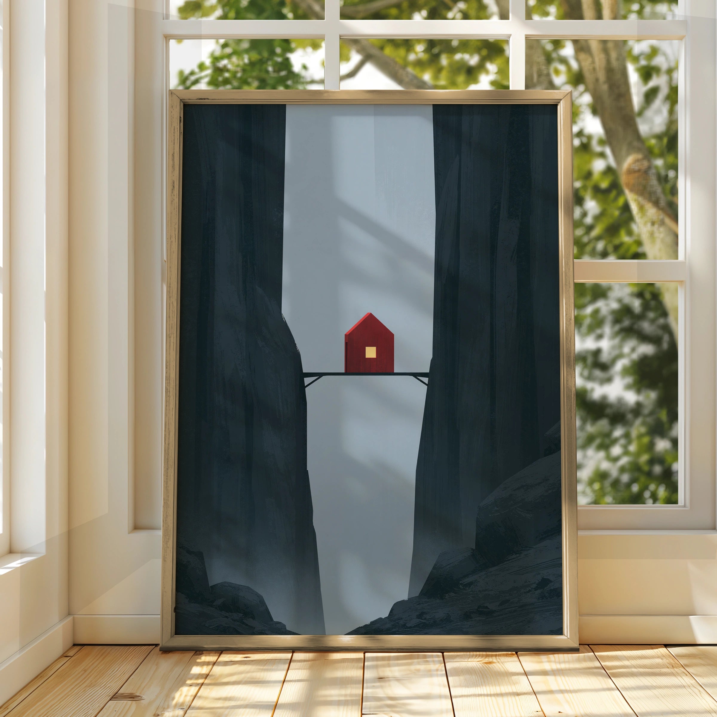 Red House on Bridge in Canyon, Minimalist Wall Art, Mountain Retreat, Digital Prints
