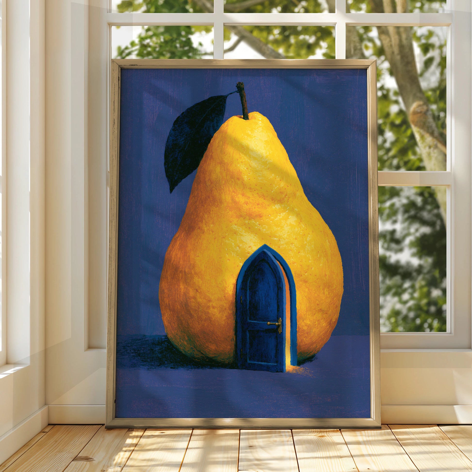 Whimsical Pear House Art Print, Colourful Pear Illustration, Modern Home Decor, Fruit Artwork