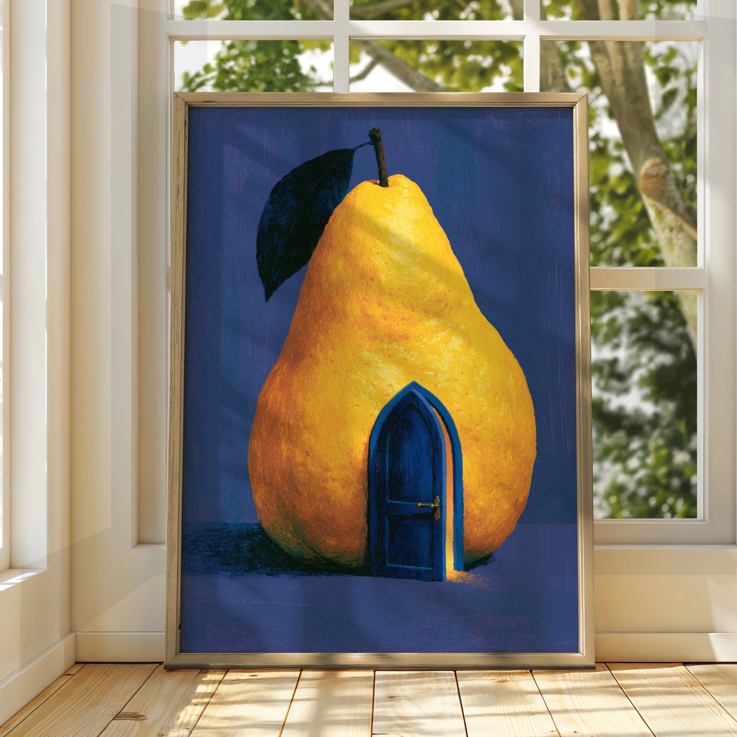 Whimsical Pear House Art Print, Colourful Pear Illustration, Modern Home Decor, Fruit Artwork