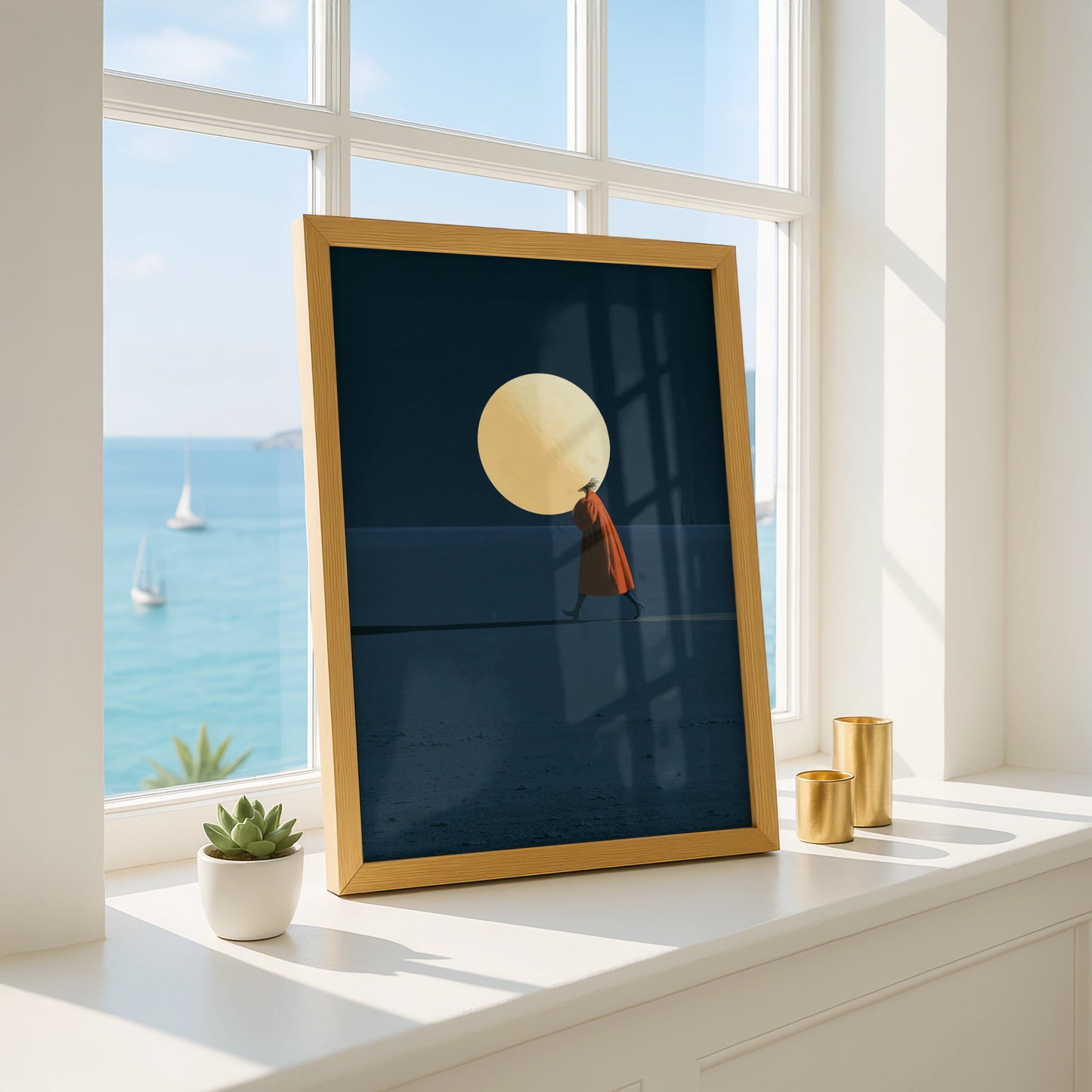 Moonhead Art, Dreamlike Walking Figure, Minimalist Poster, Abstract Wall Art, Modern Home Decor
