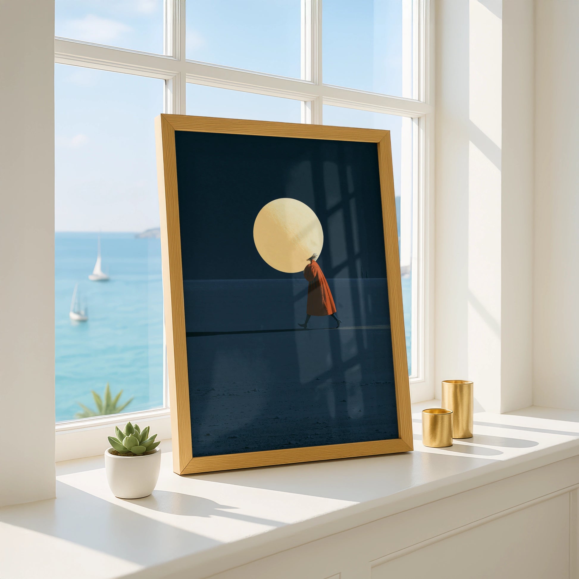 Moonhead Art, Dreamlike Walking Figure, Minimalist Poster, Abstract Wall Art, Modern Home Decor