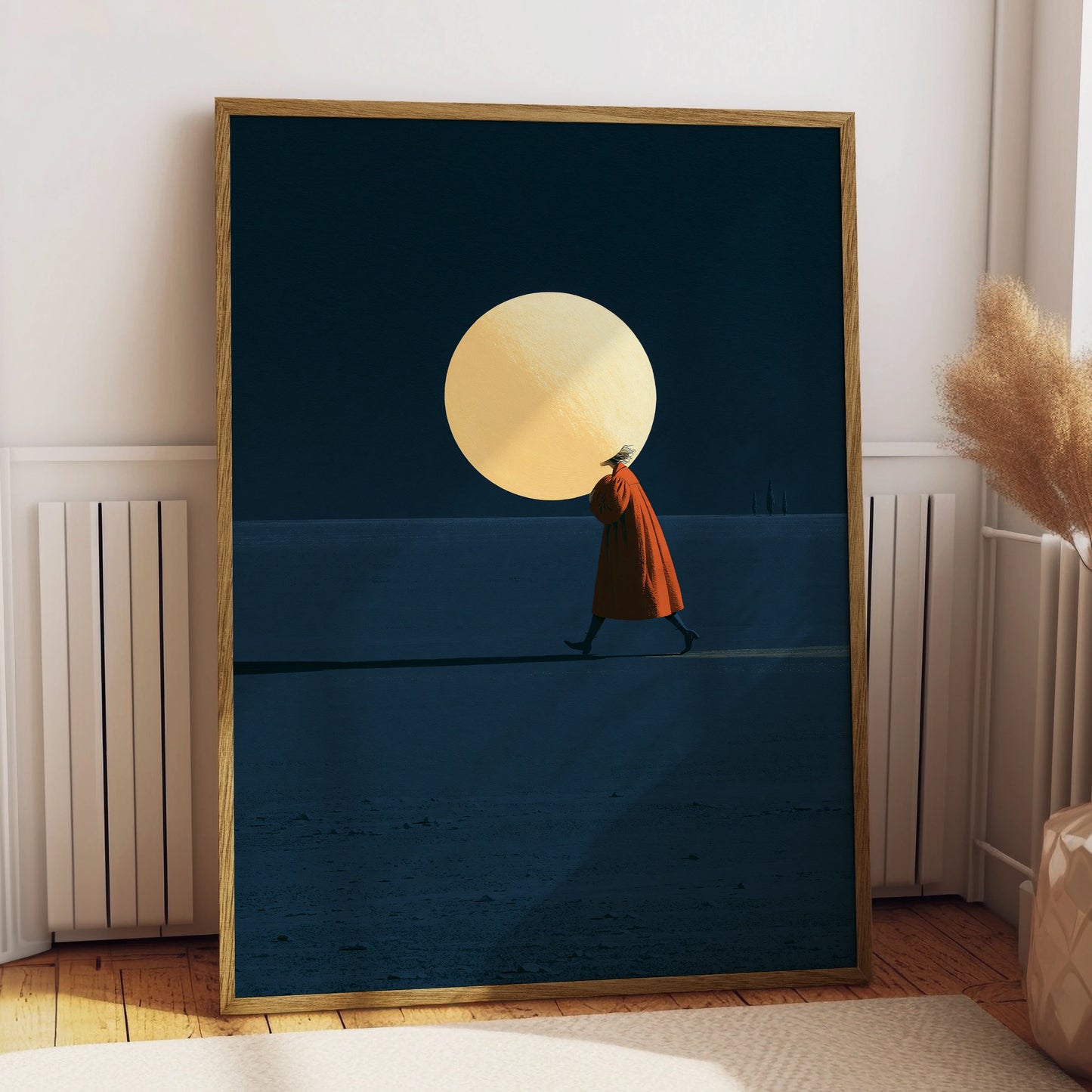 Moonhead Art, Dreamlike Walking Figure, Minimalist Poster, Abstract Wall Art, Modern Home Decor