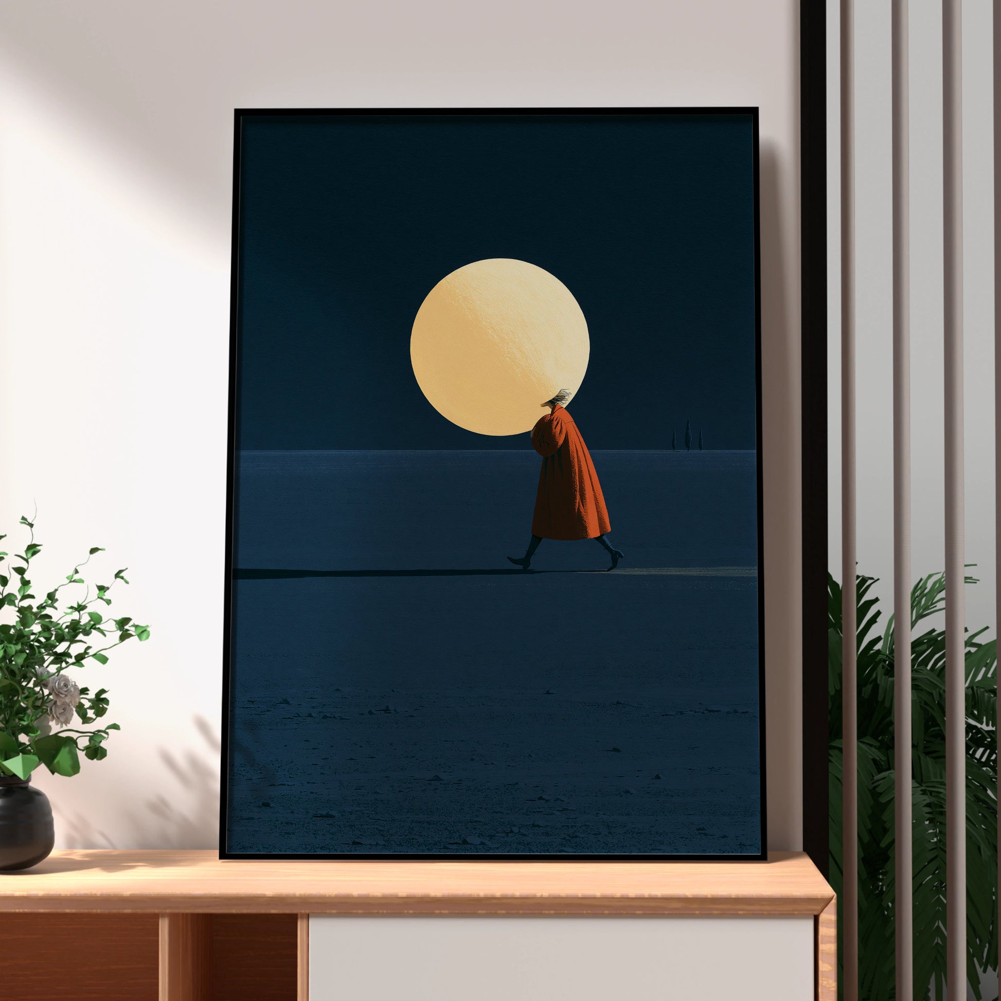 Moonhead Art, Dreamlike Walking Figure, Minimalist Poster, Abstract Wall Art, Modern Home Decor