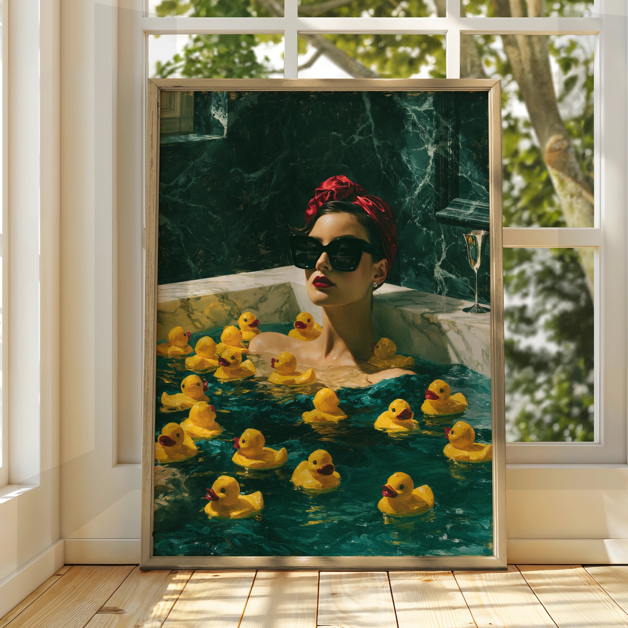 Stylish Woman in Bathtub with Yellow Rubber Ducks, Glamorous Wall Art Poster