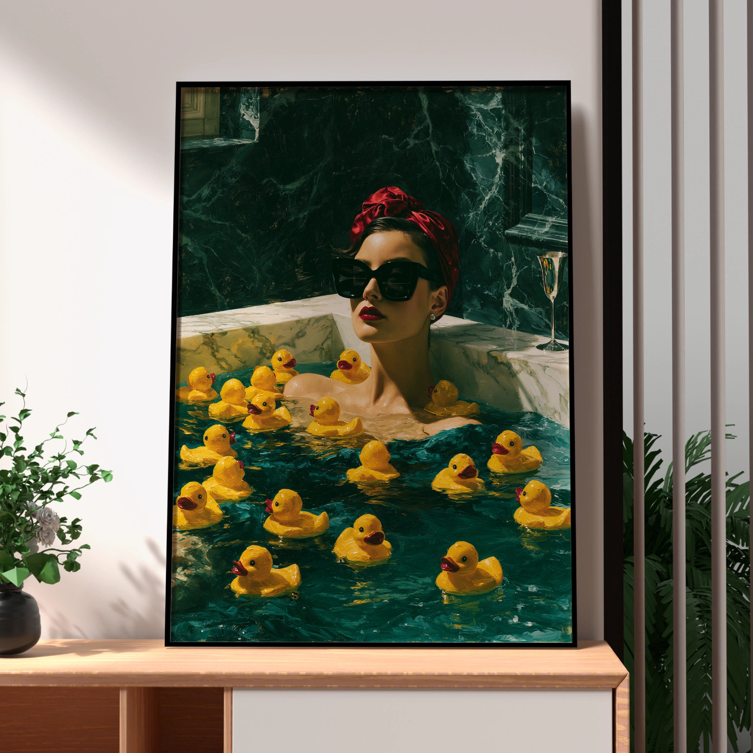 Stylish Woman in Bathtub with Yellow Rubber Ducks, Glamorous Wall Art Poster