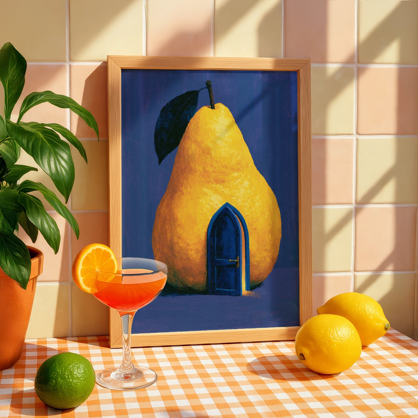 Whimsical Pear House Art Print, Colourful Pear Illustration, Modern Home Decor, Fruit Artwork