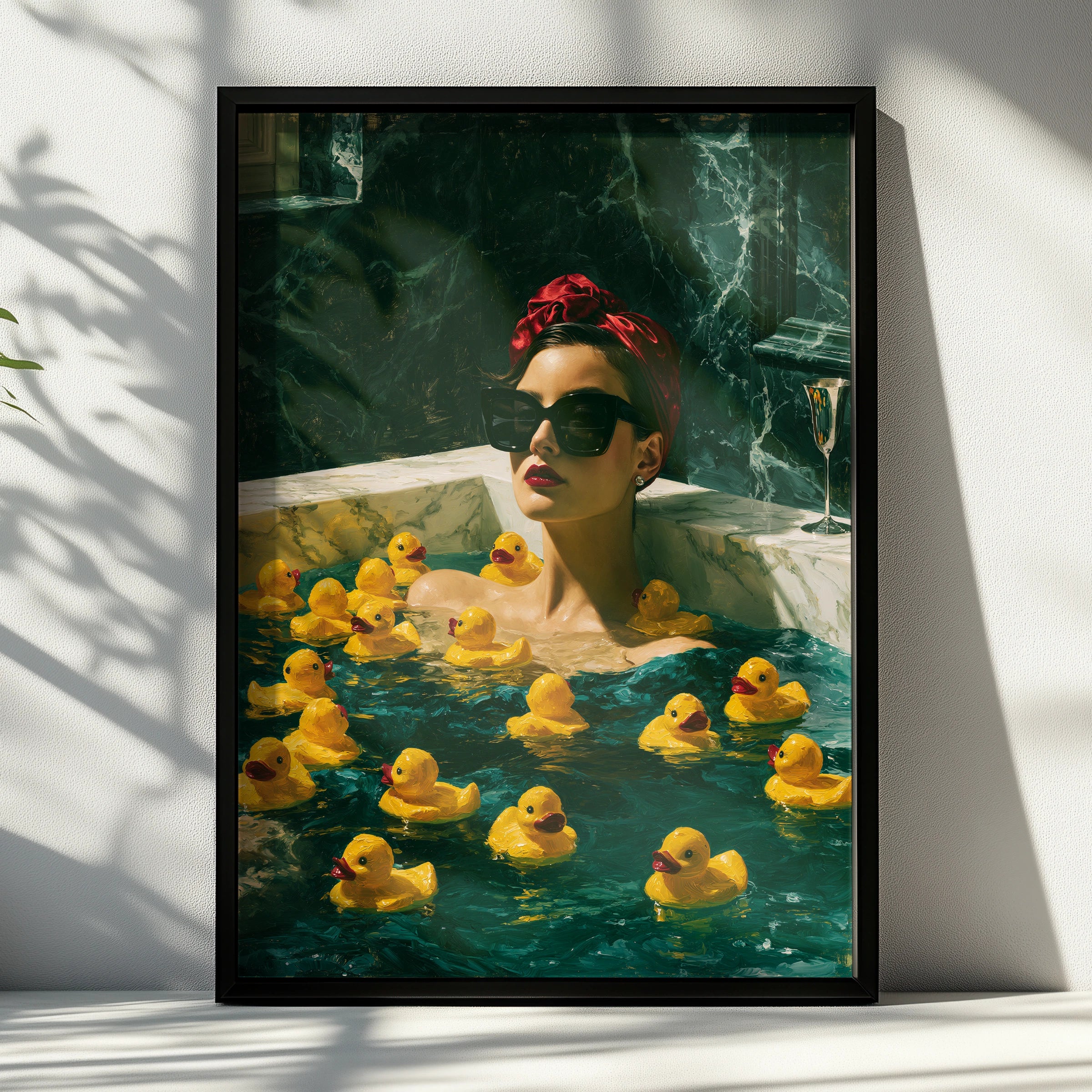 Stylish Woman in Bathtub with Yellow Rubber Ducks, Glamorous Wall Art Poster