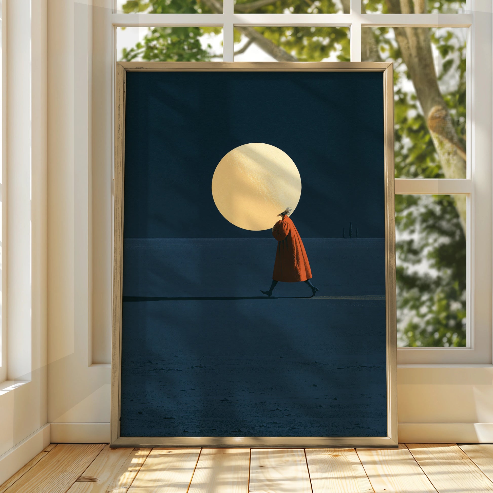 Moonhead Art, Dreamlike Walking Figure, Minimalist Poster, Abstract Wall Art, Modern Home Decor