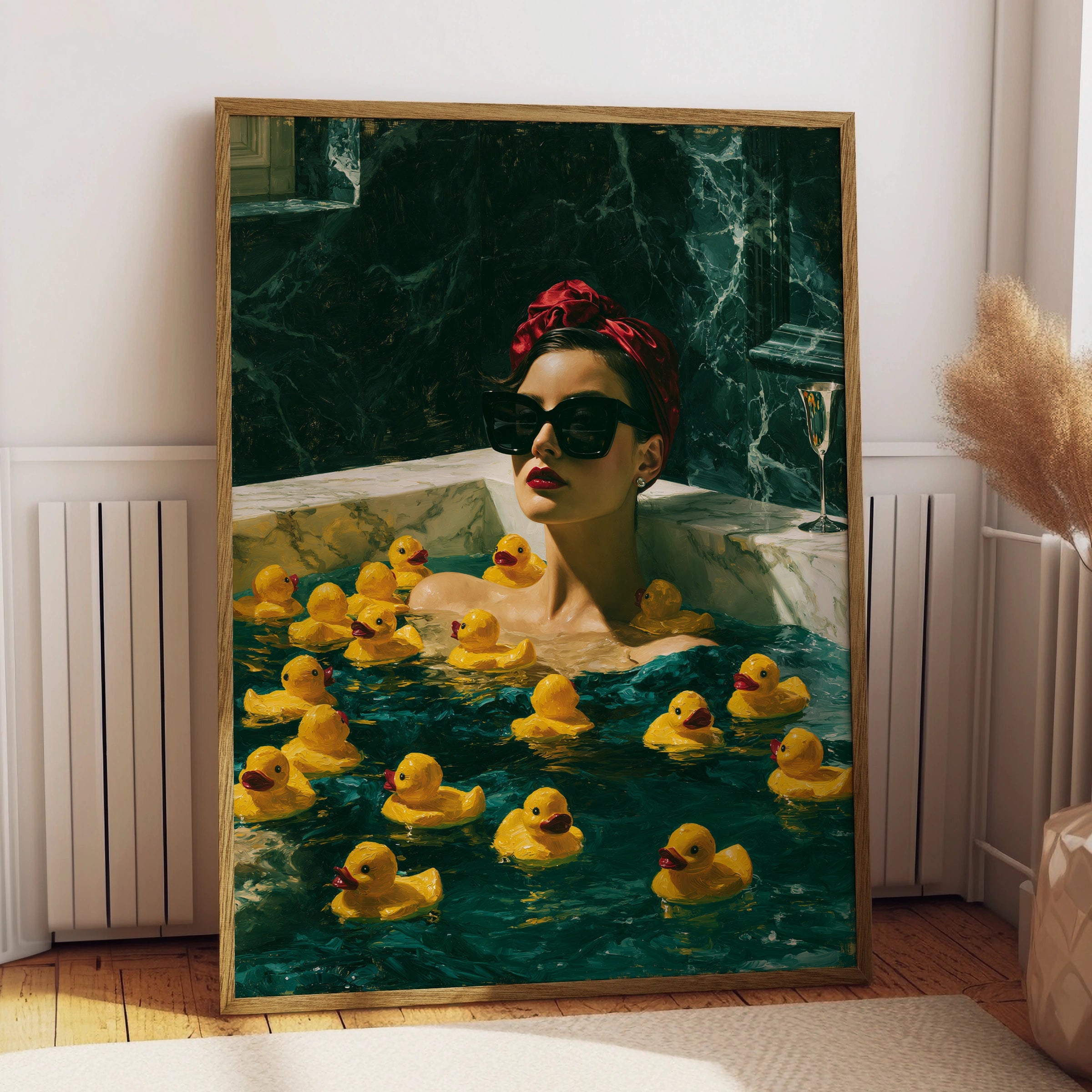 Stylish Woman in Bathtub with Yellow Rubber Ducks, Glamorous Wall Art Poster