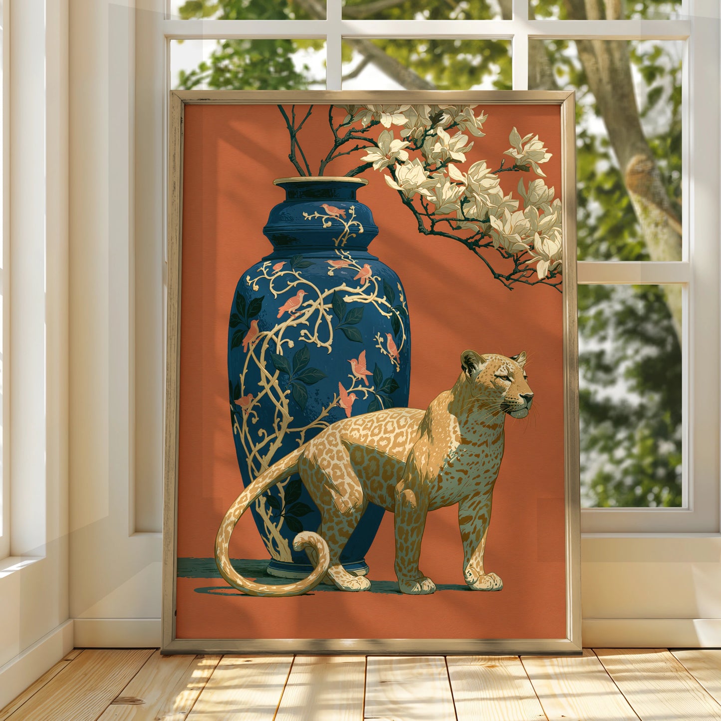 Leopard and Vase Illustration, Elegant Wall Art Print, Animal Decor for Home