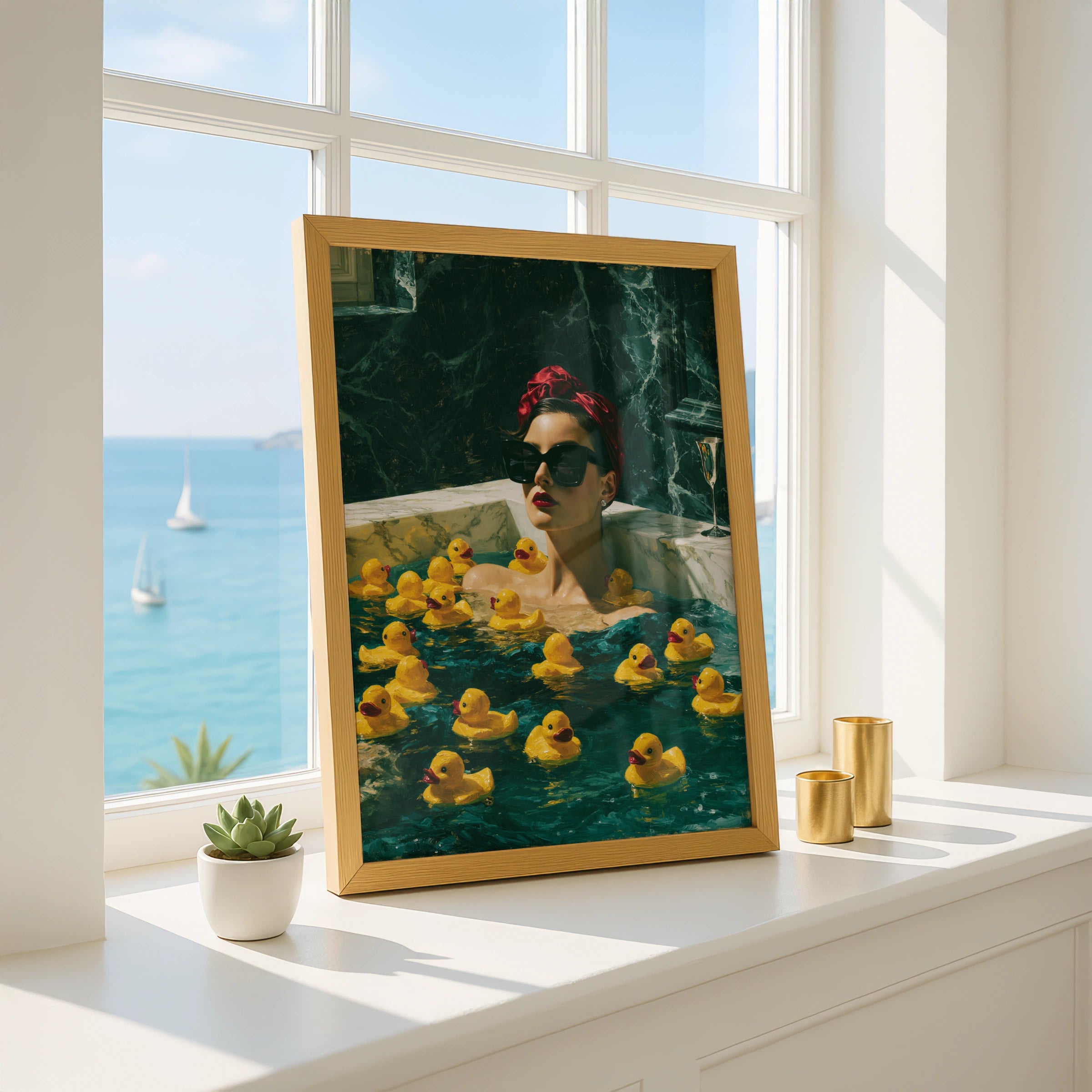 Stylish Woman in Bathtub with Yellow Rubber Ducks, Glamorous Wall Art Poster