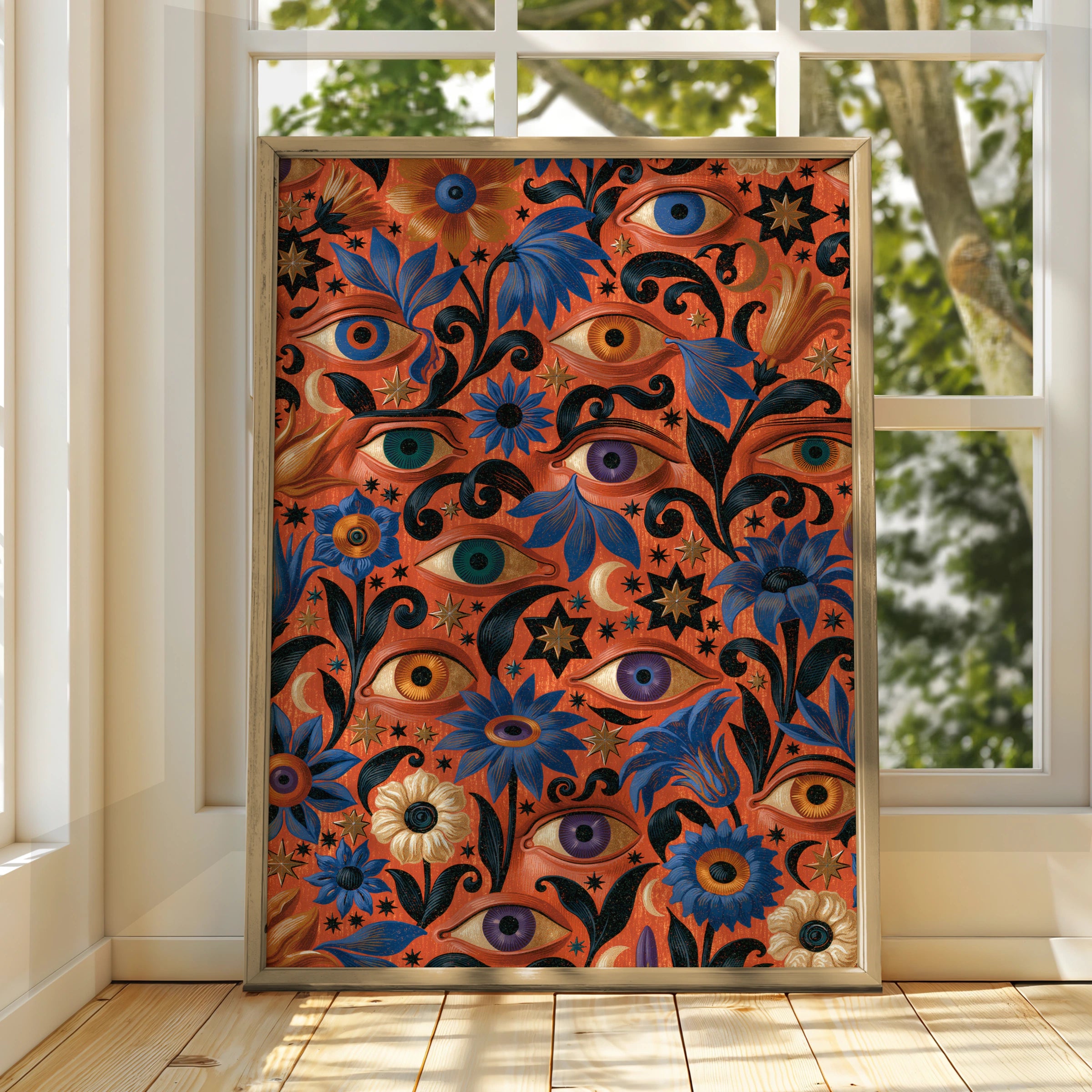 Eye Motif Art Print, Floral Wall Art, Colourful Home Decor, Bohemian Style Poster