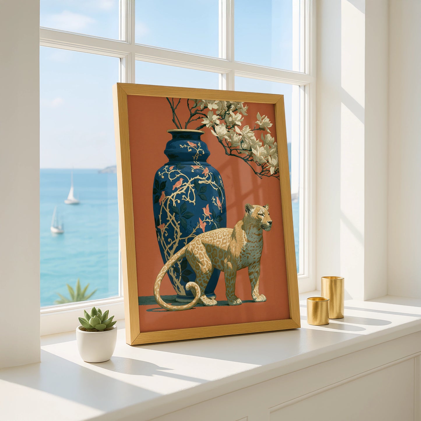 Leopard and Vase Illustration, Elegant Wall Art Print, Animal Decor for Home