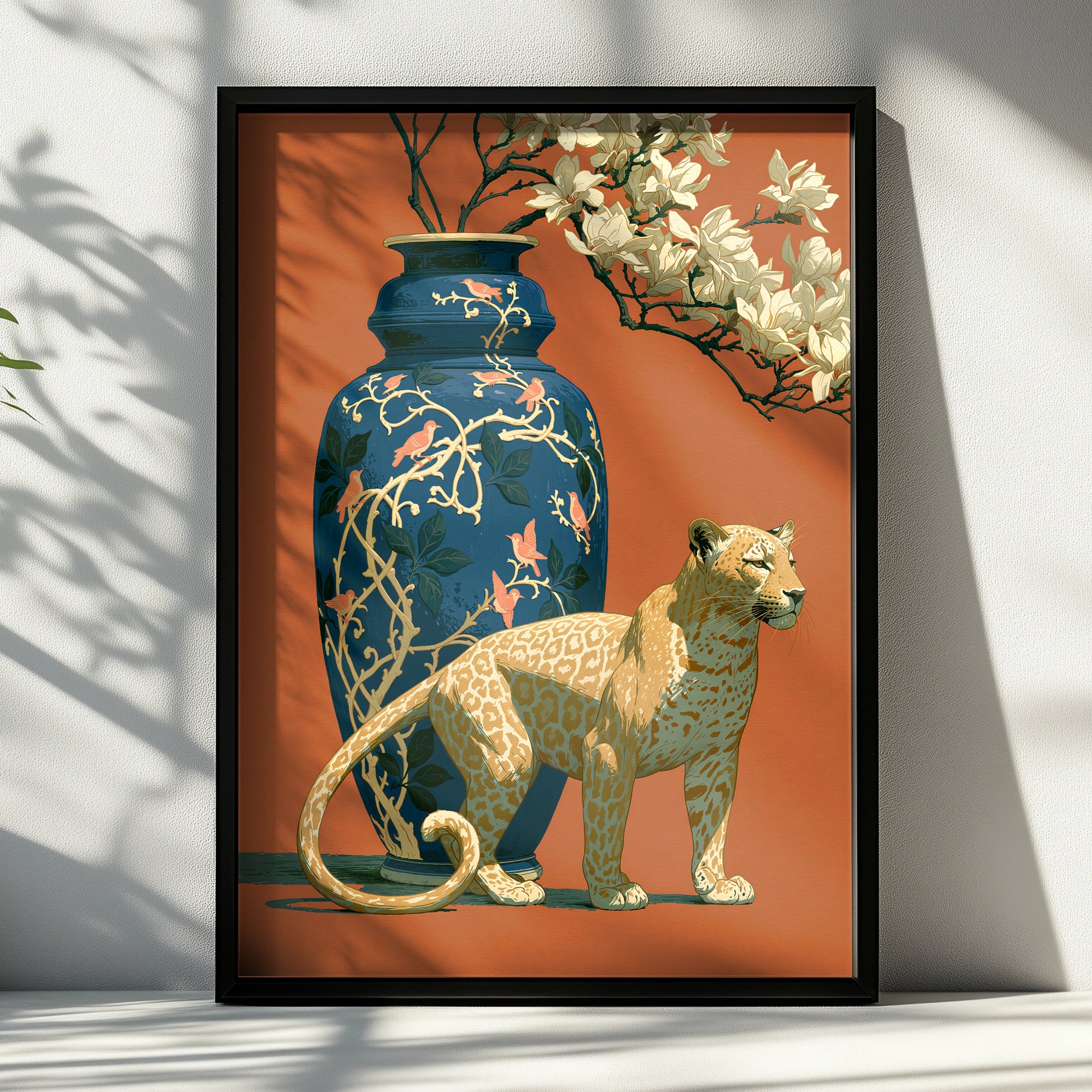 Leopard and Vase Illustration, Elegant Wall Art Print, Animal Decor for Home