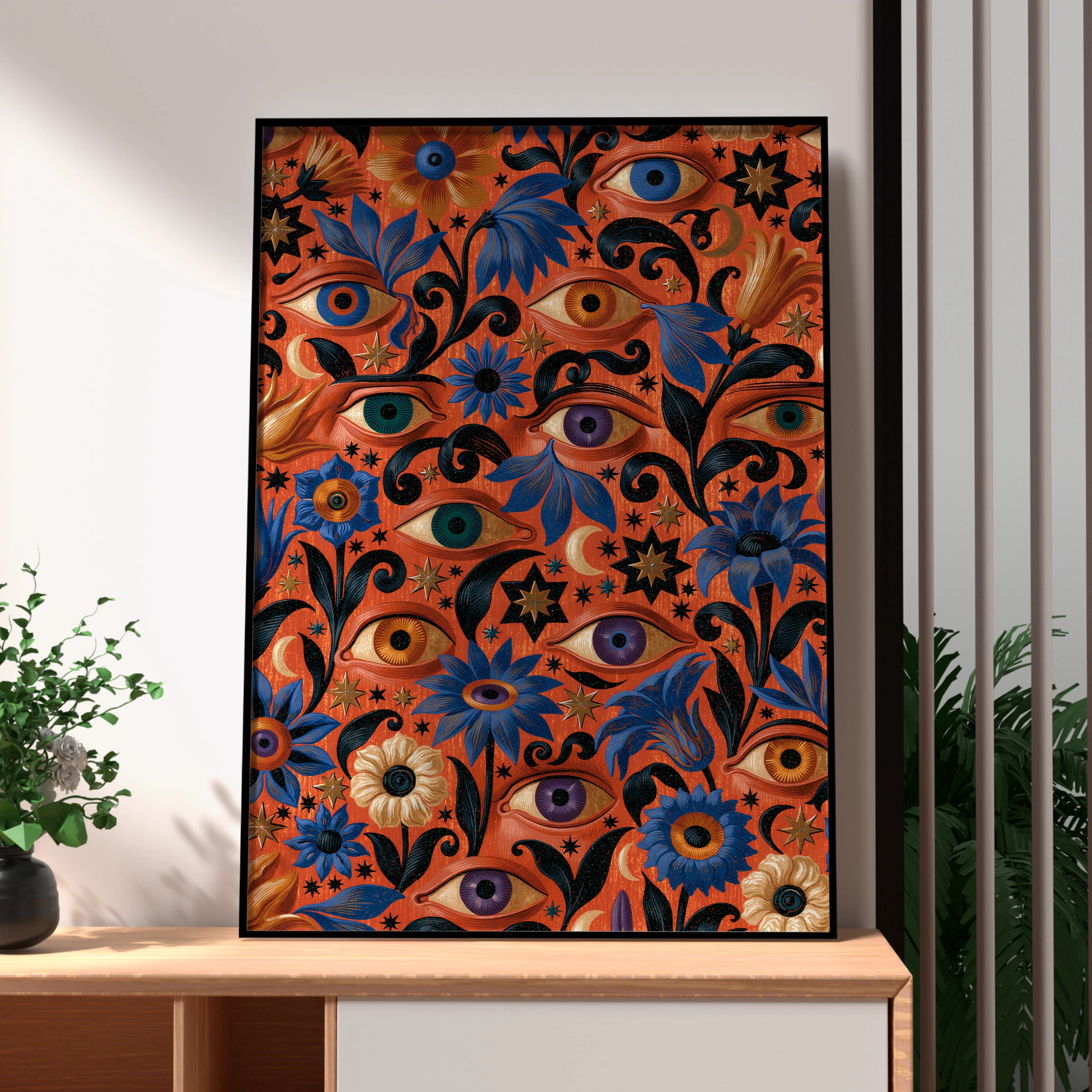 Eye Motif Art Print, Floral Wall Art, Colourful Home Decor, Bohemian Style Poster