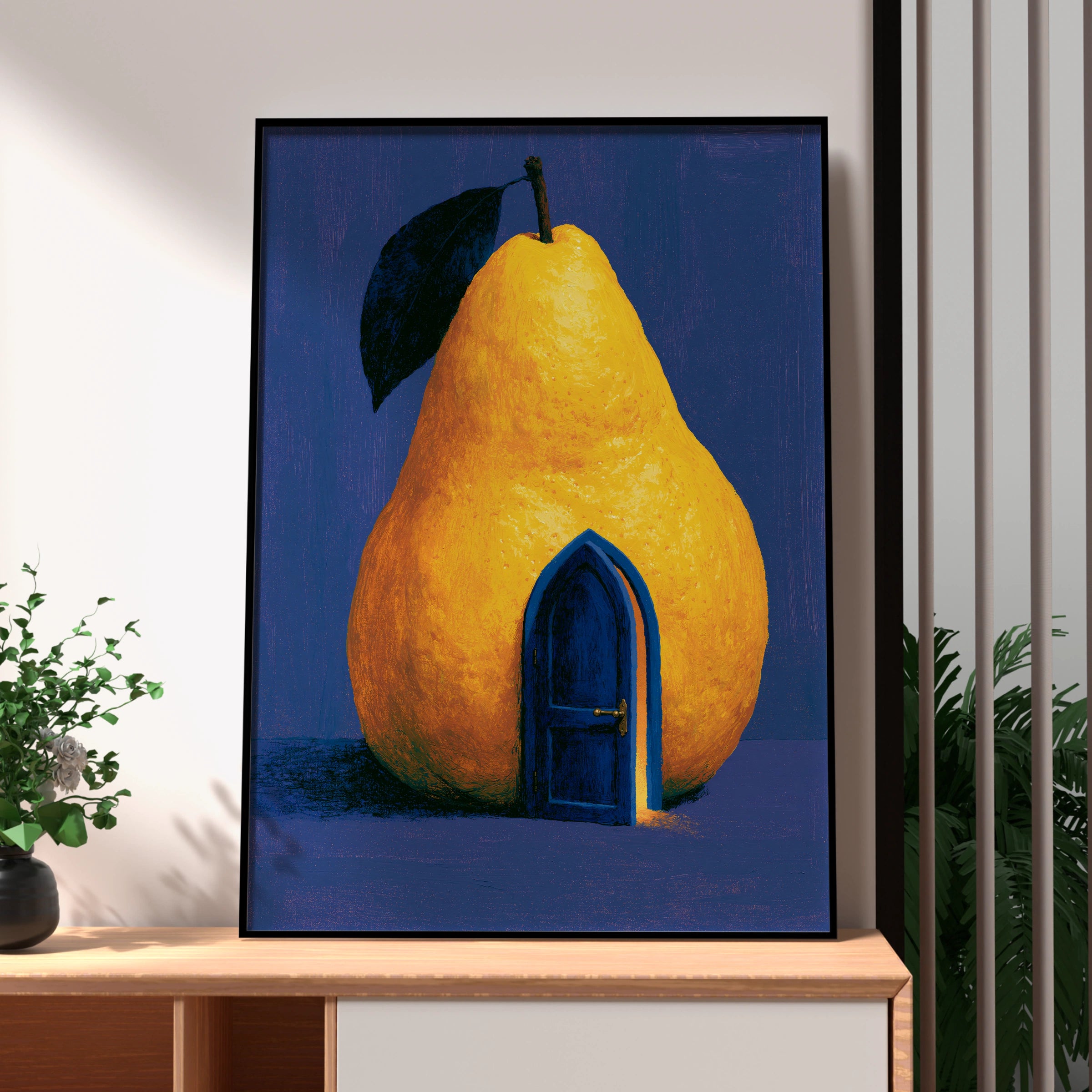 Whimsical Pear House Art Print, Colourful Pear Illustration, Modern Home Decor, Fruit Artwork
