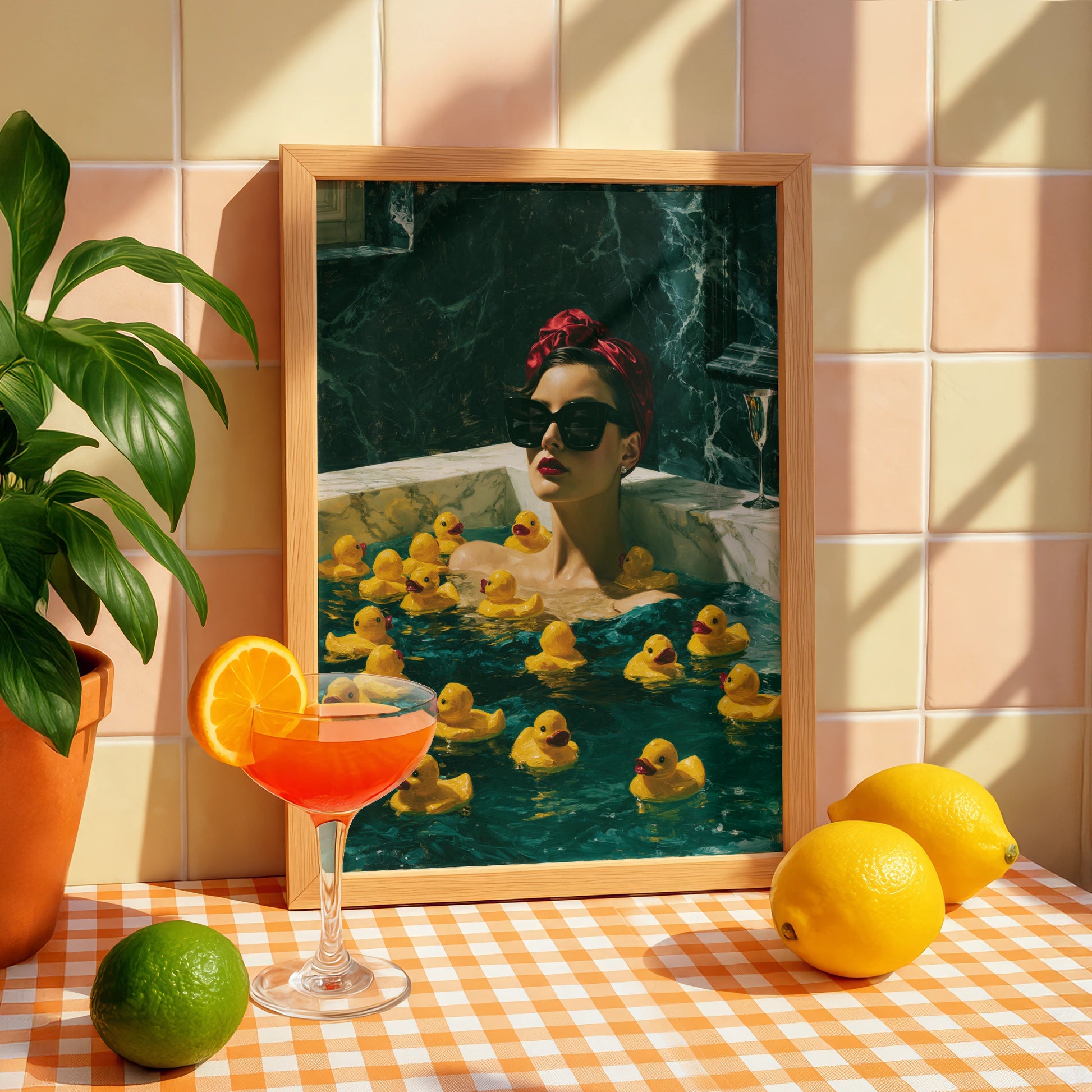 Stylish Woman in Bathtub with Yellow Rubber Ducks, Glamorous Wall Art Poster