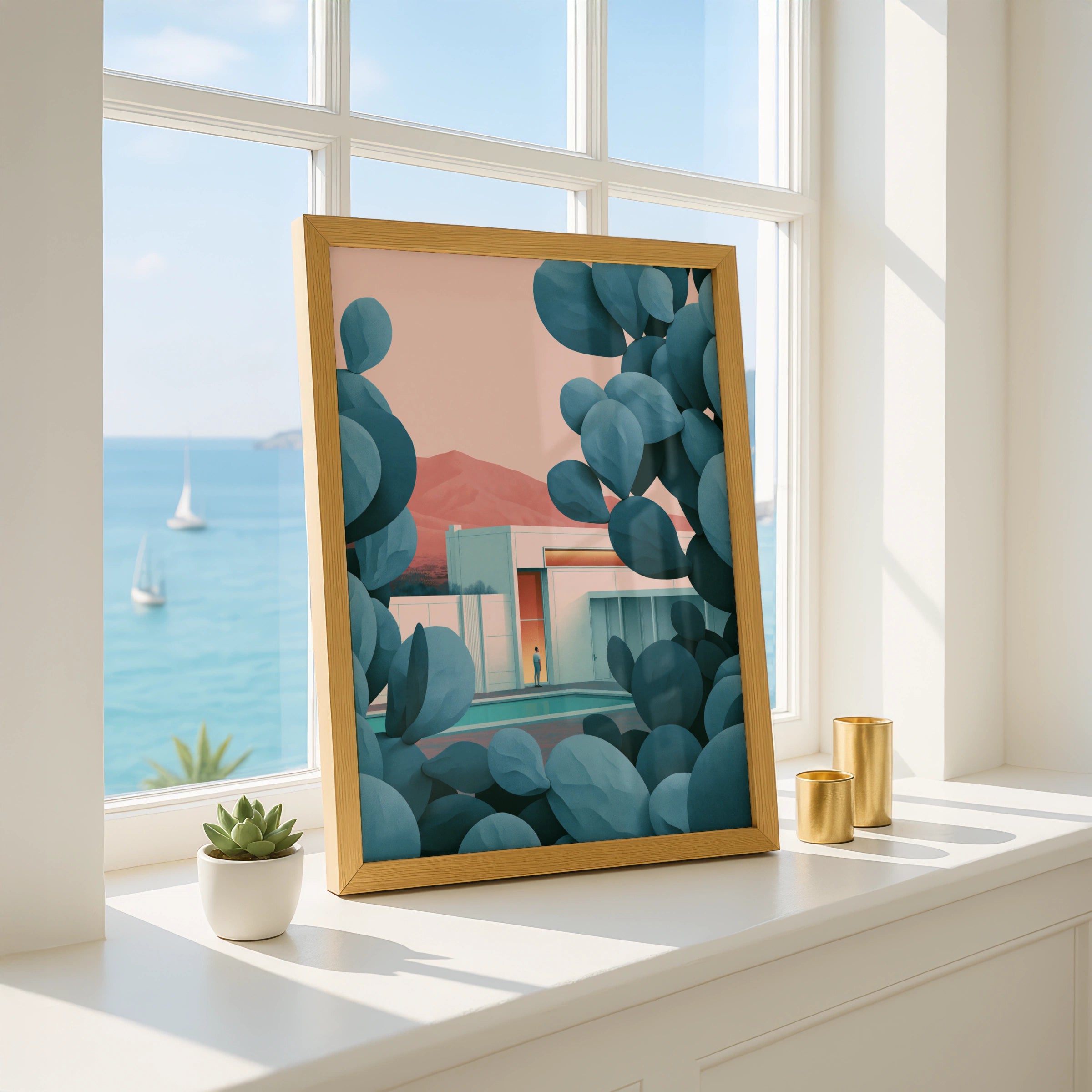 Stylish Cactus Pool Scene, Modern Architecture Art Print, Minimalist Wall Decor