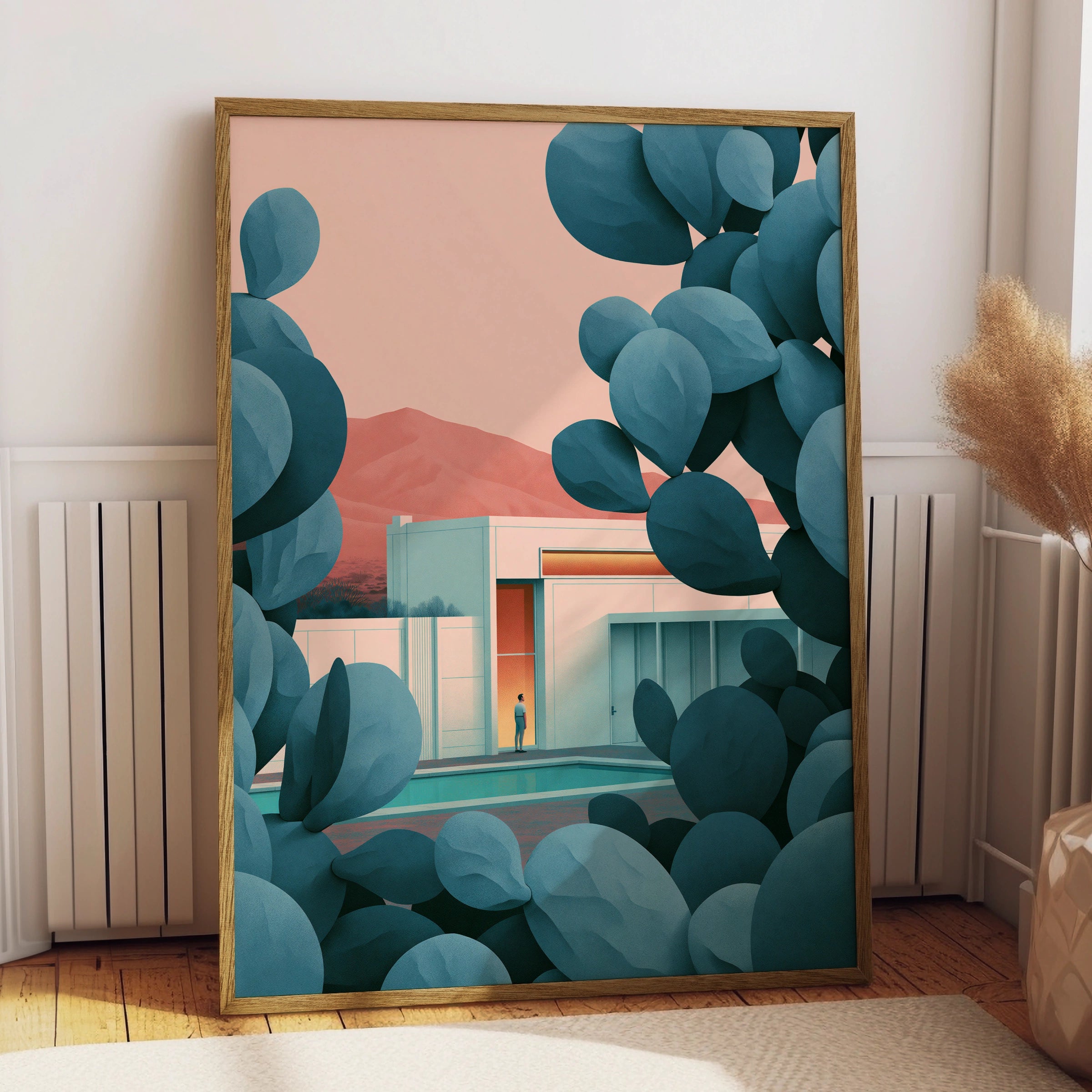 Stylish Cactus Pool Scene, Modern Architecture Art Print, Minimalist Wall Decor