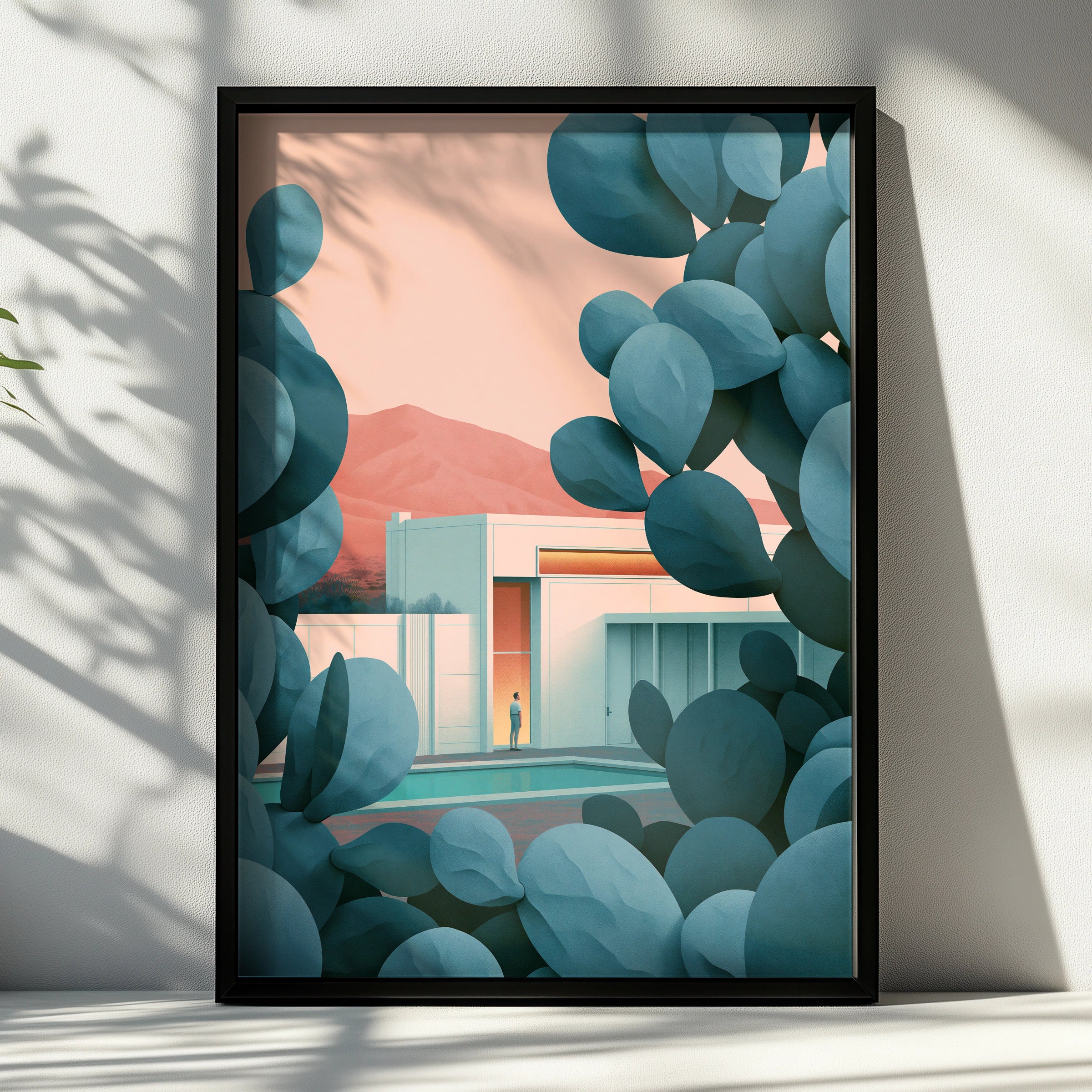 Stylish Cactus Pool Scene, Modern Architecture Art Print, Minimalist Wall Decor