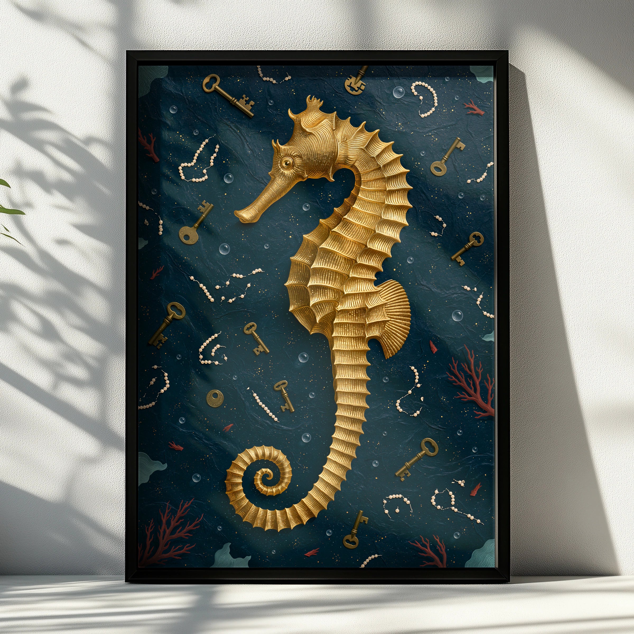 Seahorse Art Print, Nautical Wall Decor, Golden Seahorse, Ocean-Themed Art