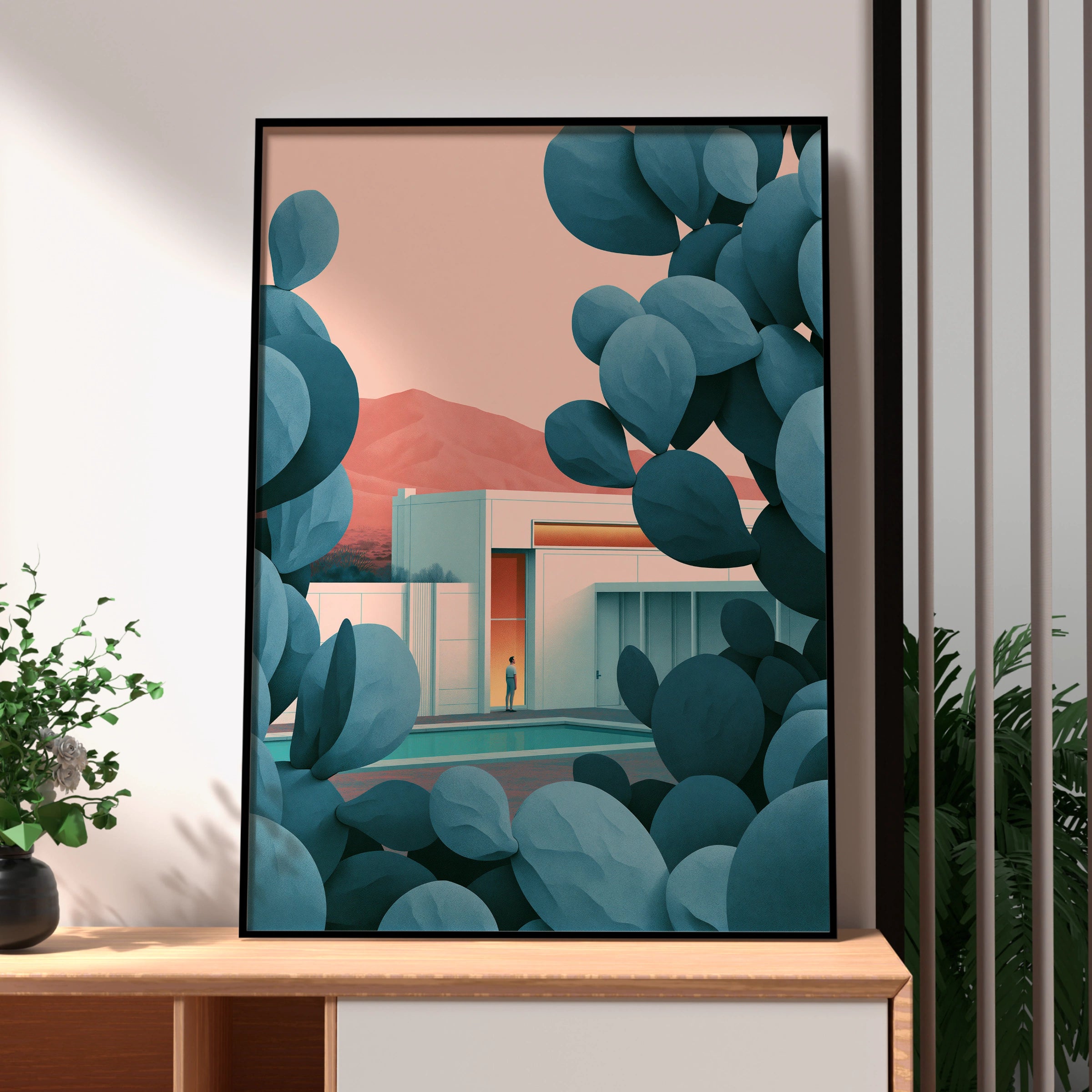 Stylish Cactus Pool Scene, Modern Architecture Art Print, Minimalist Wall Decor