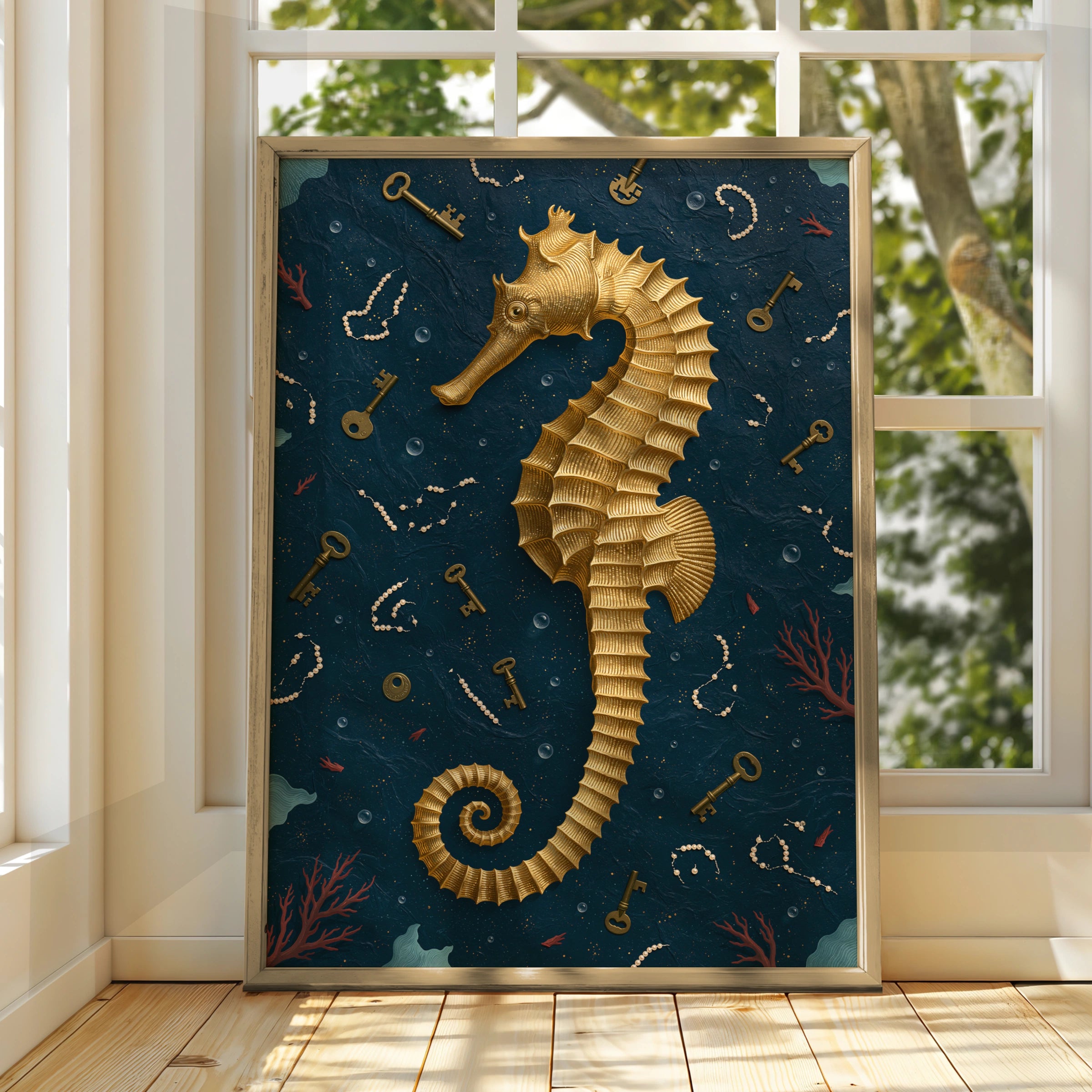 Seahorse Art Print, Nautical Wall Decor, Golden Seahorse, Ocean-Themed Art
