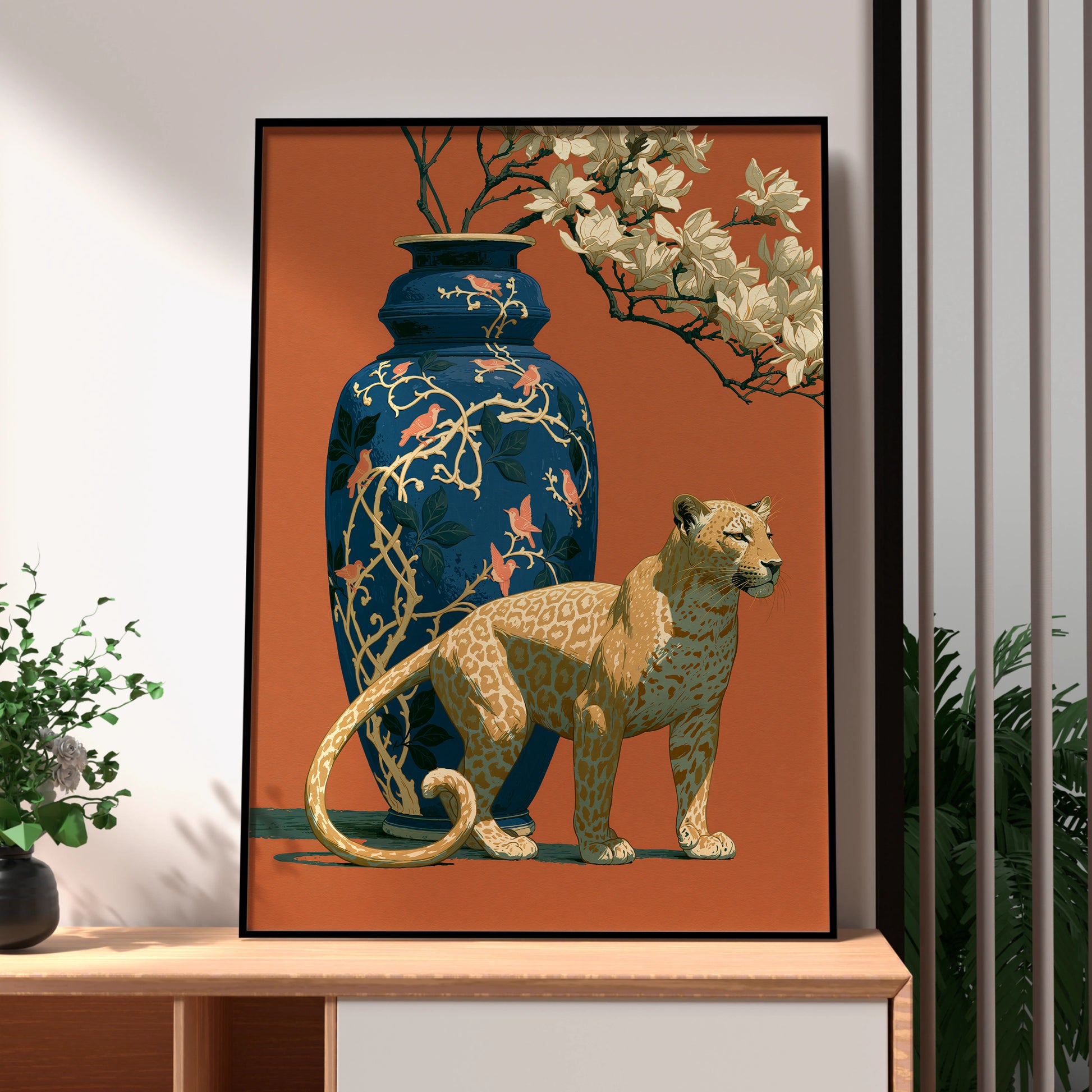 Leopard and Vase Illustration, Elegant Wall Art Print, Animal Decor for Home