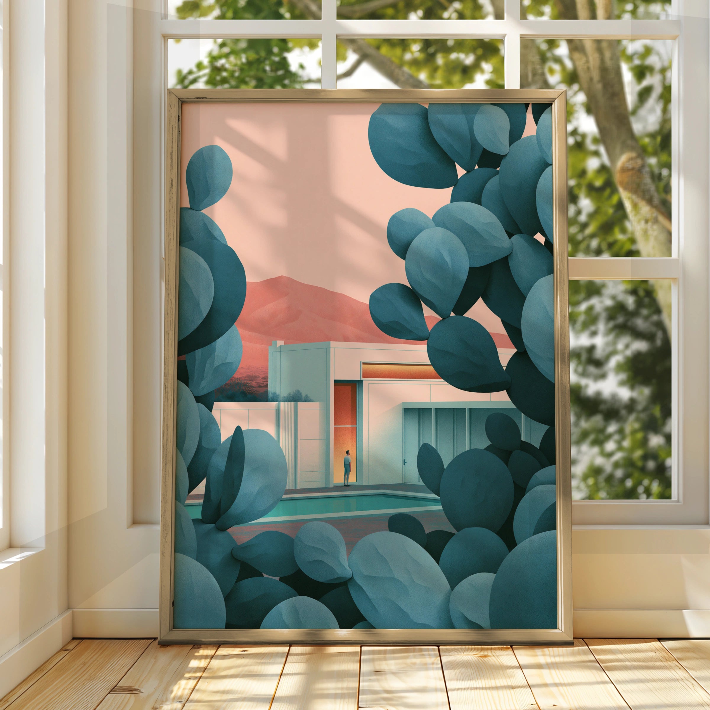 Stylish Cactus Pool Scene, Modern Architecture Art Print, Minimalist Wall Decor